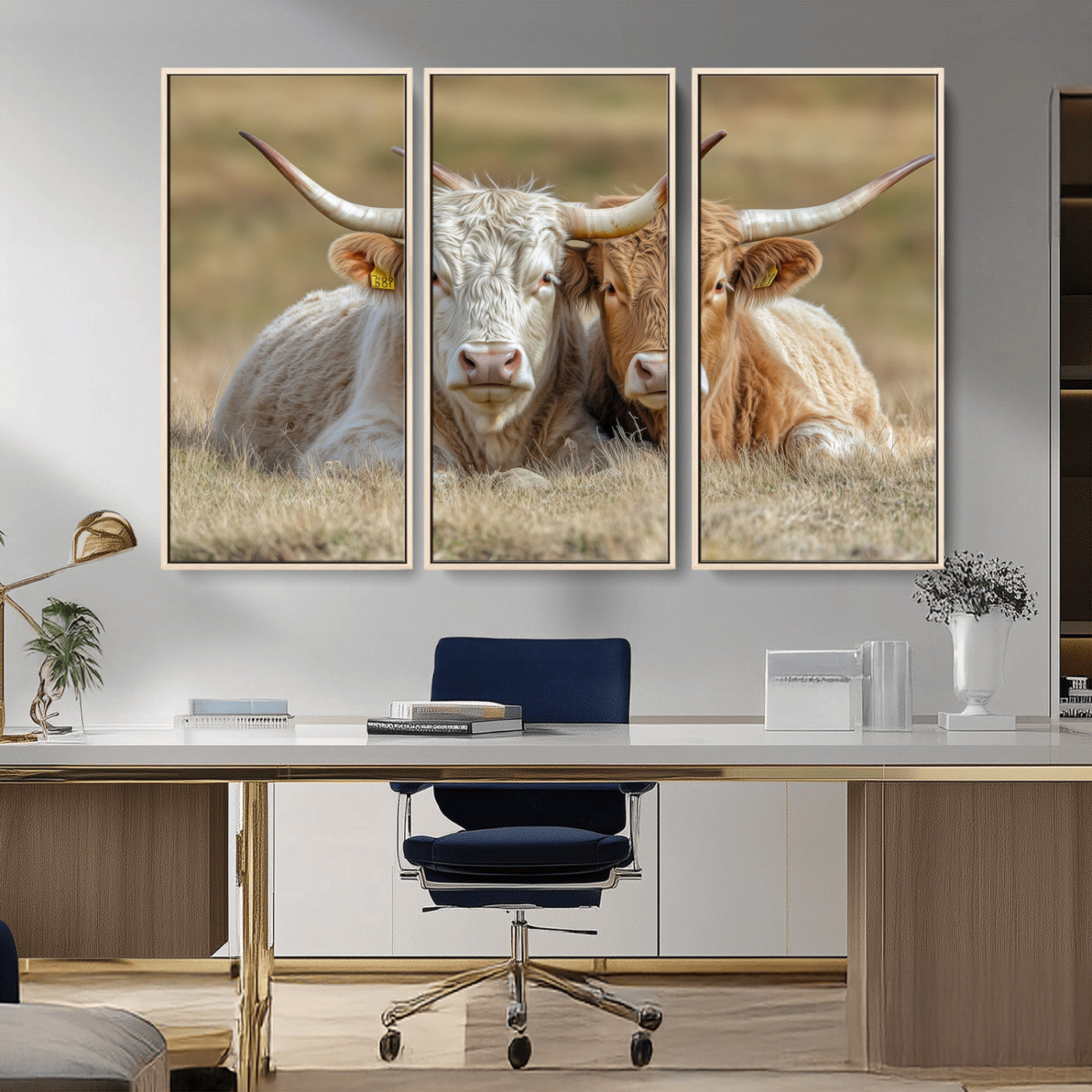 Two cows laying closely in a dry grassy field, captured in soft light, perfect for rustic farmhouse or western style home decor.
