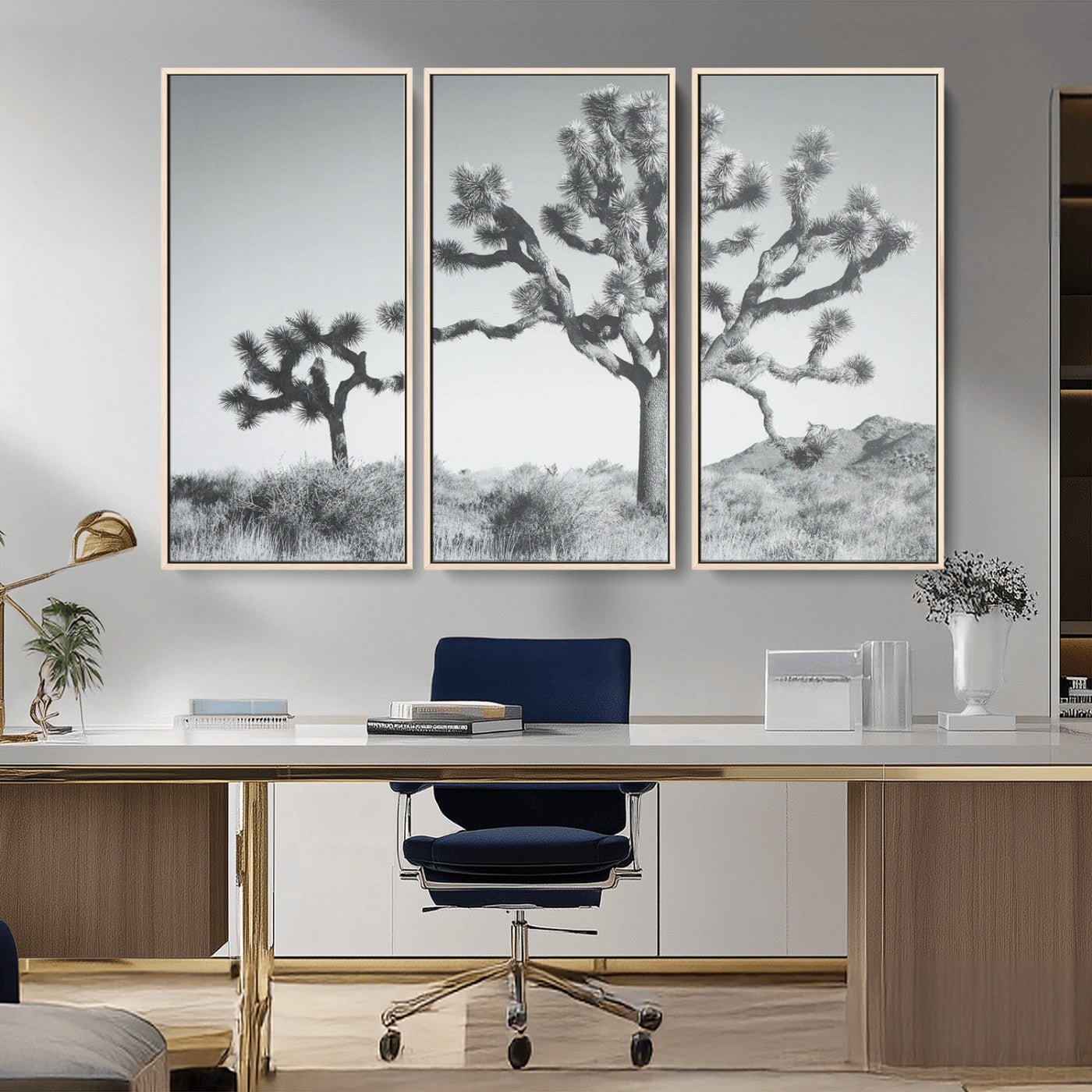 Black and white Joshua tree in a desert landscape with soft light and dry brush, perfect for rustic or minimalist home decor.