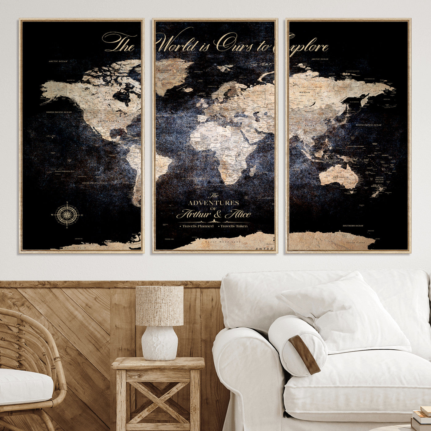 '-Customize Push Pin World Map Wall Canvas Print, Personalized Travel Tracker with Pins, Framed Large Canvas for Home Office Decor - H37