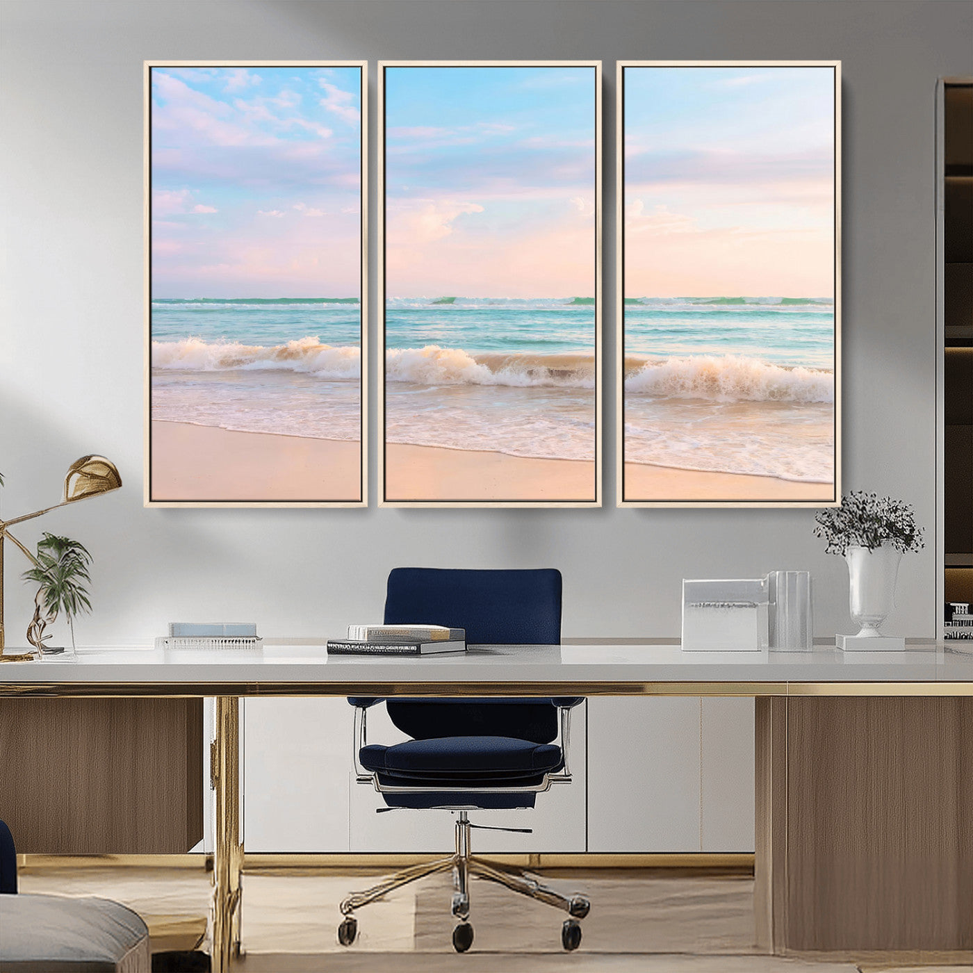 A peaceful beach scene with soft pastel skies, gentle waves washing up on the sandy shore, creating a calm and serene ocean view.