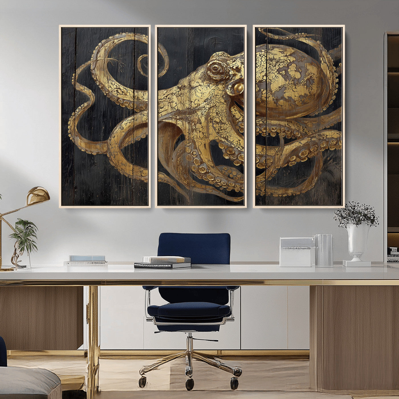 A detailed gold illustration of an octopus on black wooden planks, showing its intricate tentacles and textured skin in an artistic style.