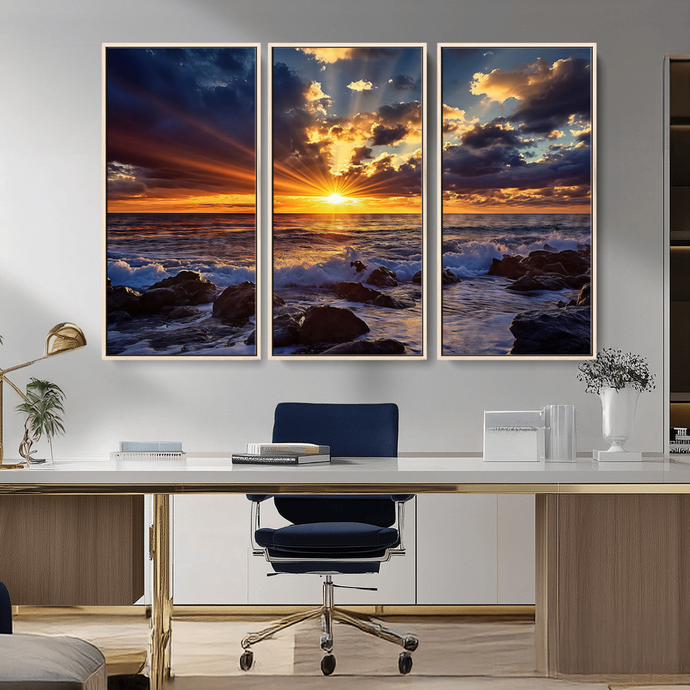 An explosive sunset over the ocean with dramatic clouds and rays of sunlight reflecting off the water, creating a vibrant and captivating view.