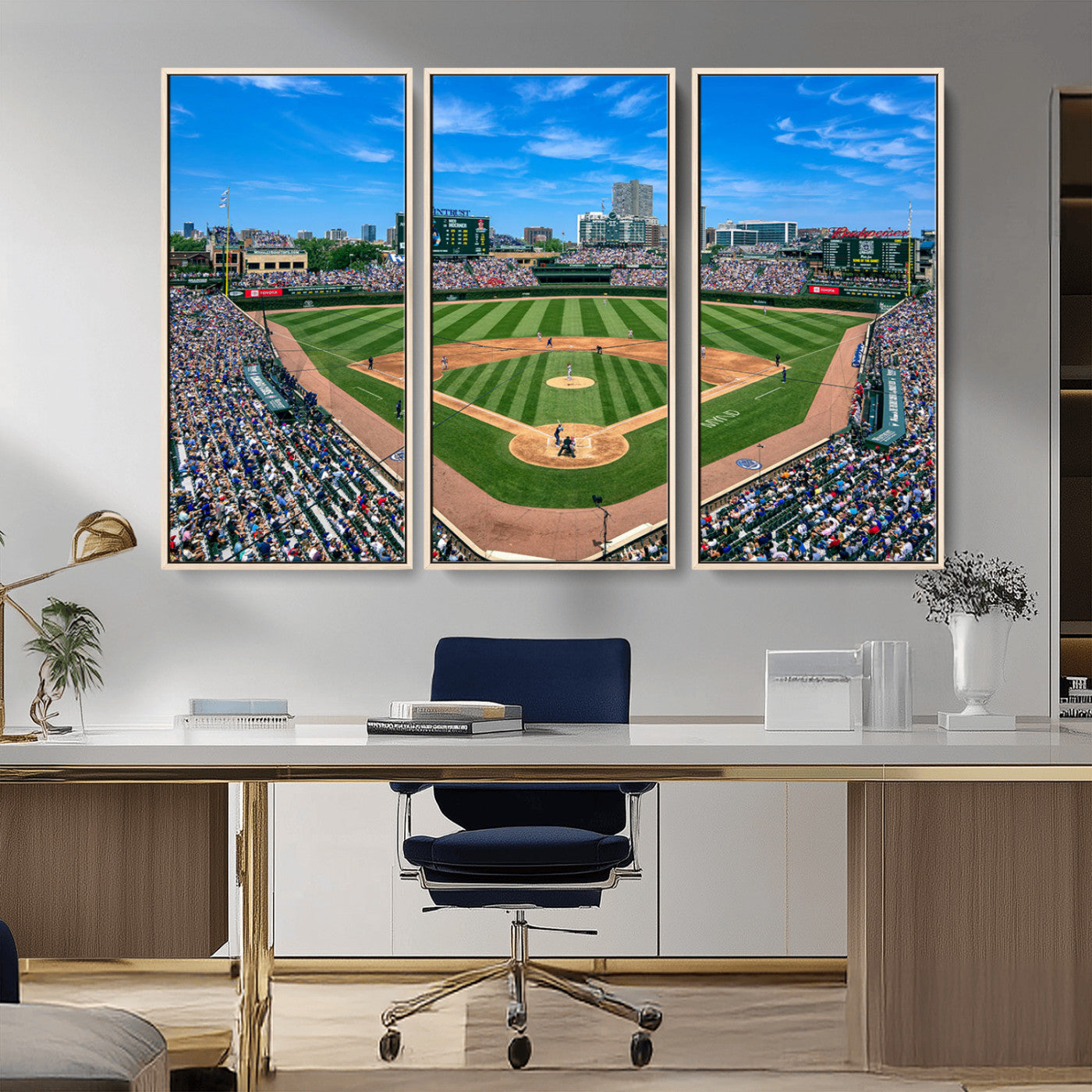 Wrigley Field Baseball Stadium Canvas Wall Art, Packed Crowd Sports Stadium Print, City Skyline Baseball Field Canvas for Game Room Decor