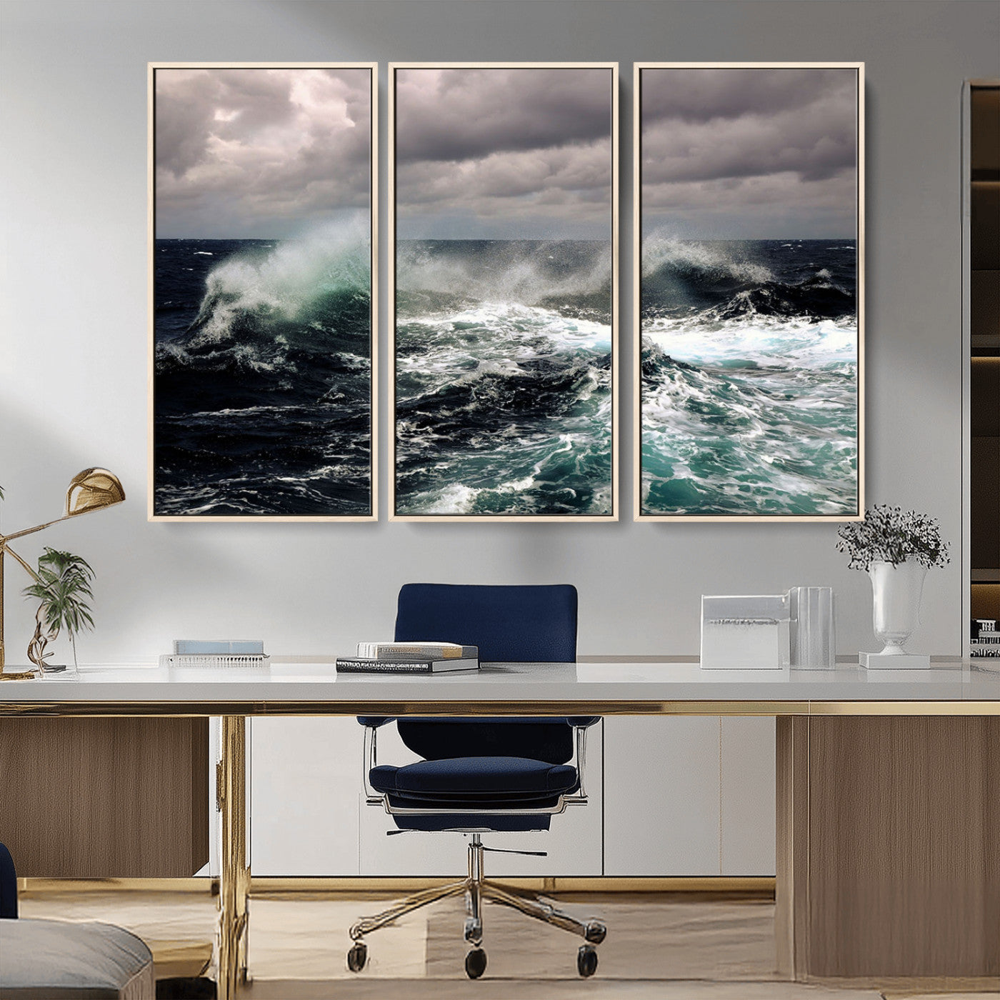 Powerful ocean waves crashing under stormy skies, creating a dynamic and intense seascape.