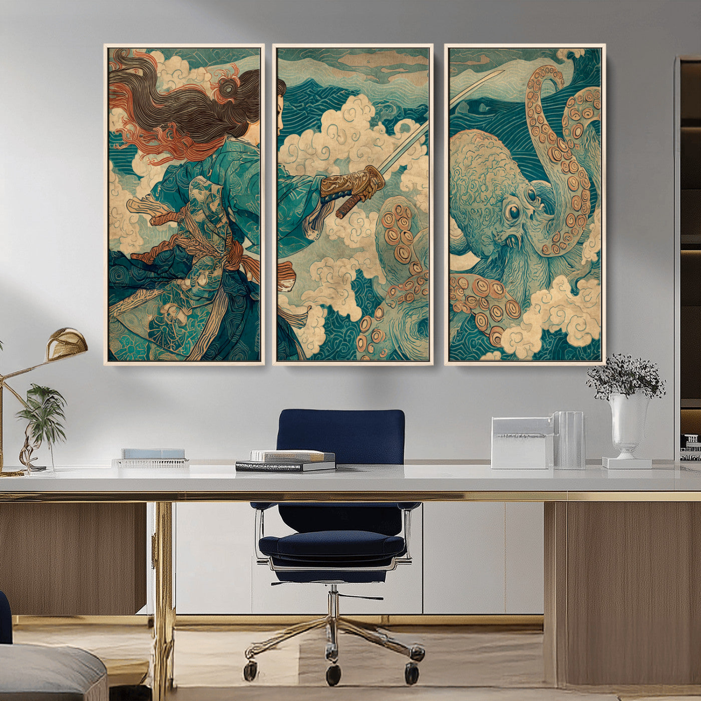 Tsukioka Yoshitoshi Samurai Wall Art Print, Japanese Katana Warrior Canvas Wall Art, Octopus Sea Monster Canvas Print,