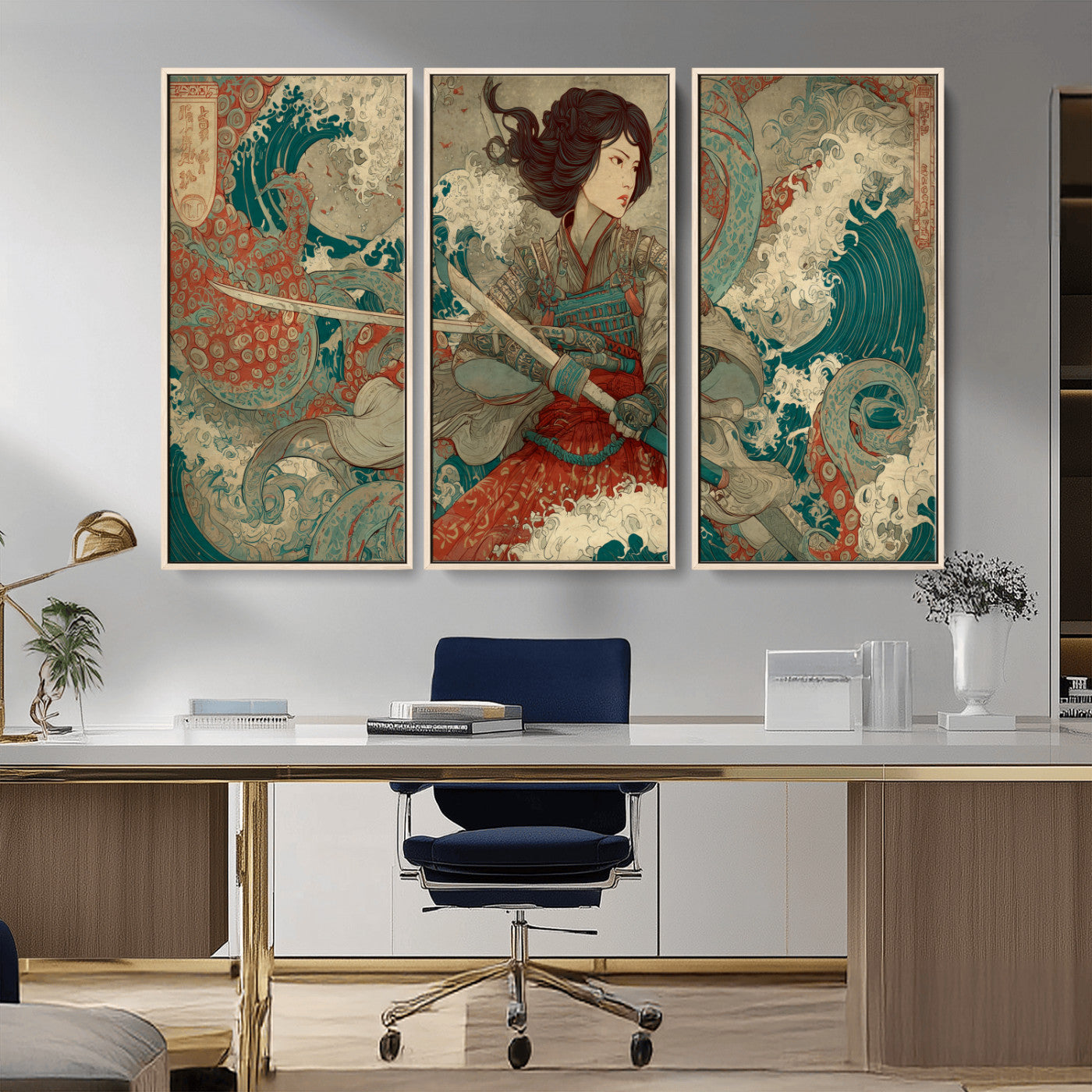 Tsukioka Yoshitoshi Samurai Wall Art Print, Japanese Katana Warrior Canvas Wall Art, Octopus Sea Monster Canvas Print,