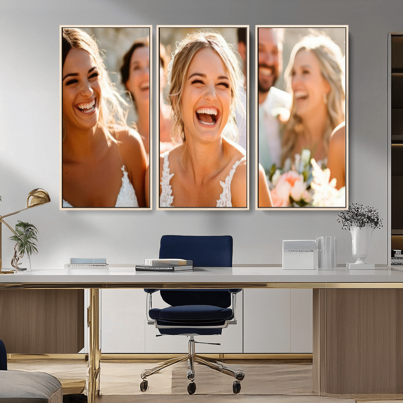 MGV-FC-48X32-3P - Joyful Wedding Wall Art – Laughing Bride and Bridesmaids Canvas Print, Romantic Celebration Photography Decor for Bedroom, Living Room, or Wedding Gift