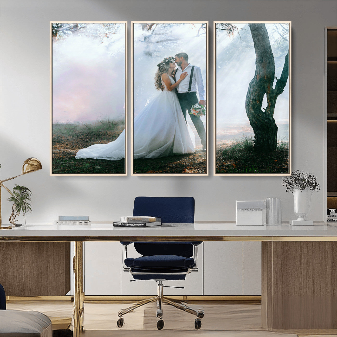MGV-FC-48X32-3P - Forest Wedding Wall Art – Romantic Bride and Groom Canvas Print, Enchanted Woodland Photography Decor for Bedroom, Living Room, or Wedding Gift
