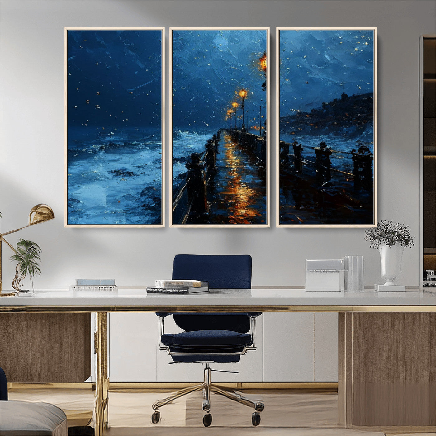 "Impressionistic painting of a rainy pier at night with glowing street lamps reflecting on the wet surface, ocean waves crashing under a dark blue sky."