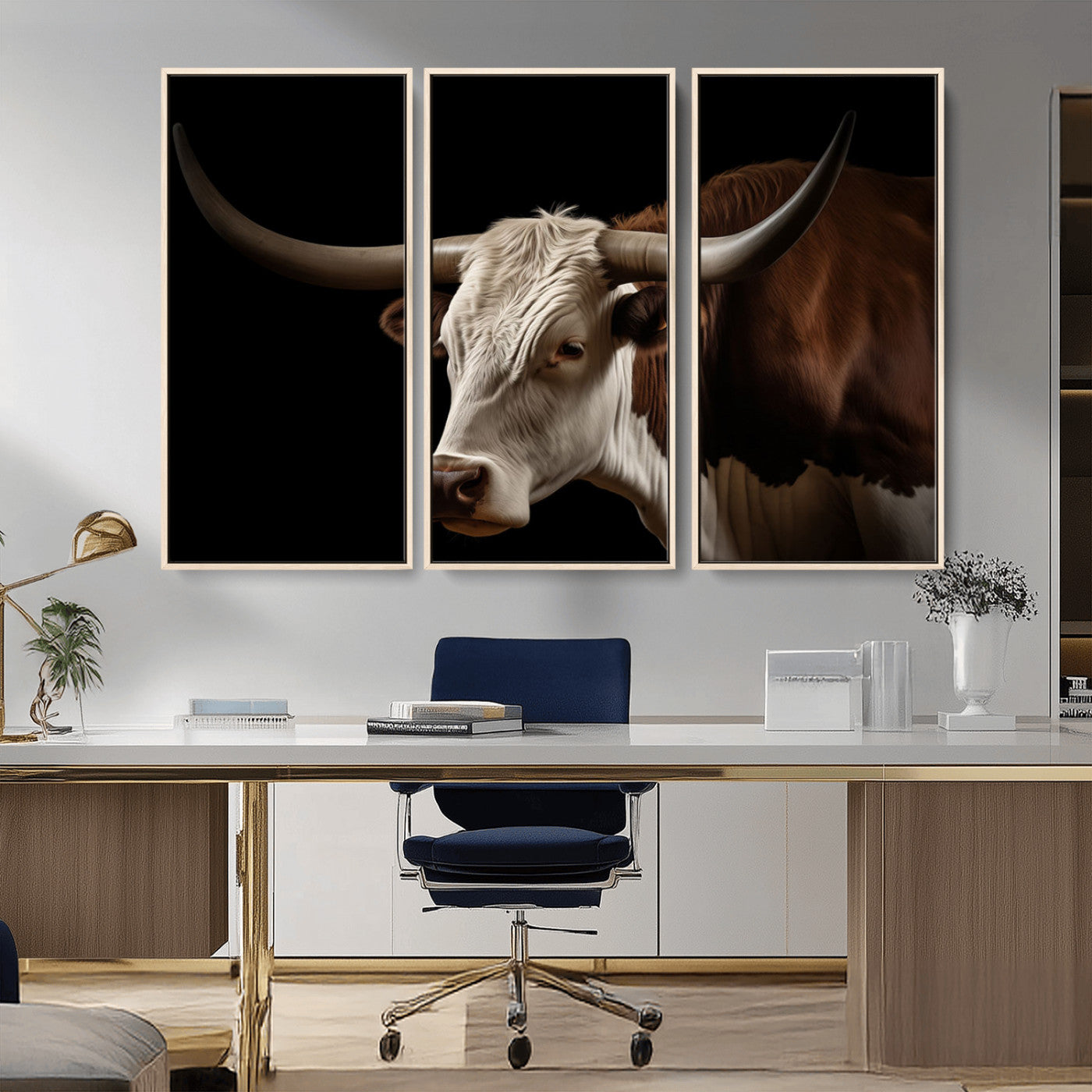 "Close-up of a brown and white longhorn cow with prominent curved horns against a black background."