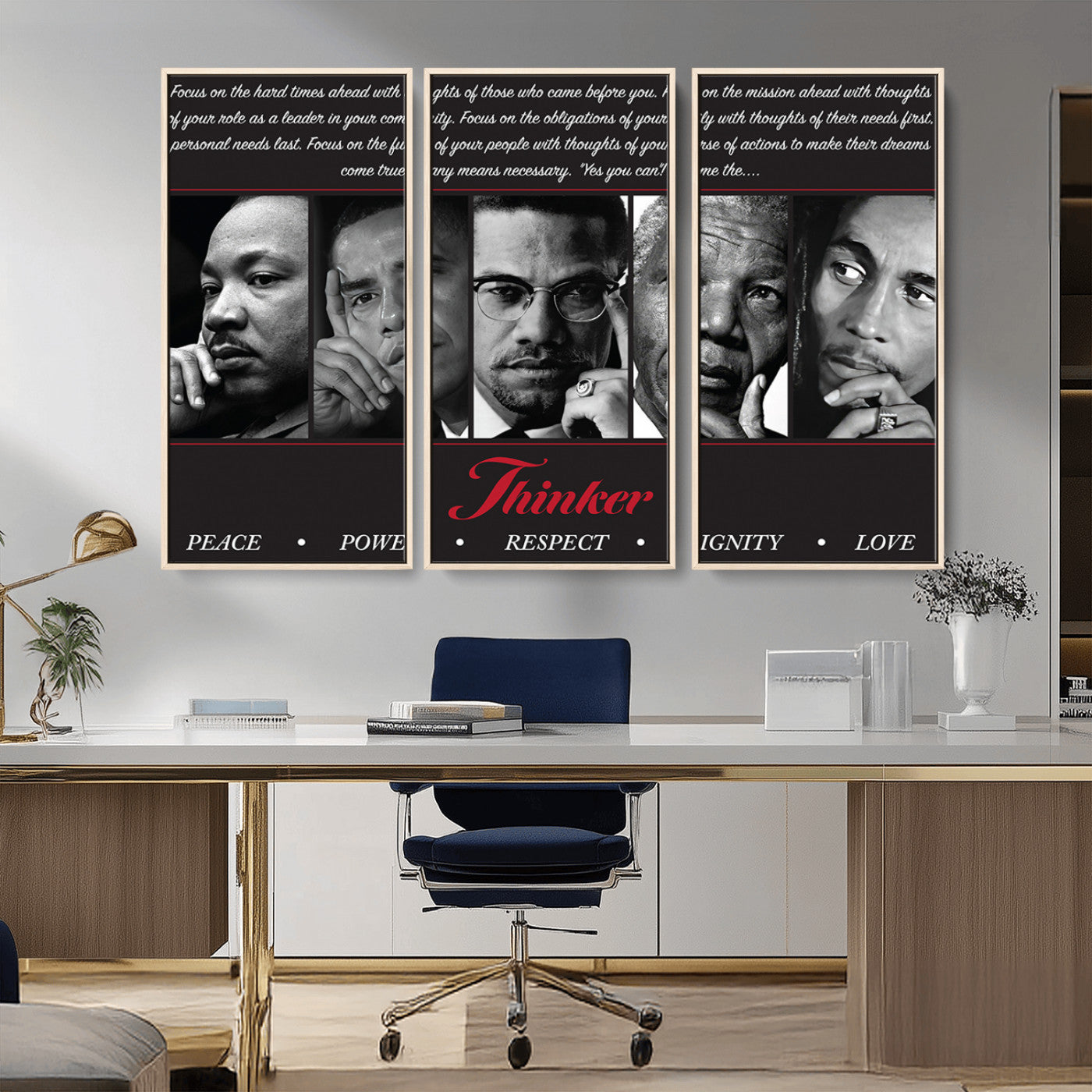 Monochrome canvas of iconic Black leaders with a powerful quote, perfect for modern spaces with a cultural or motivational theme.