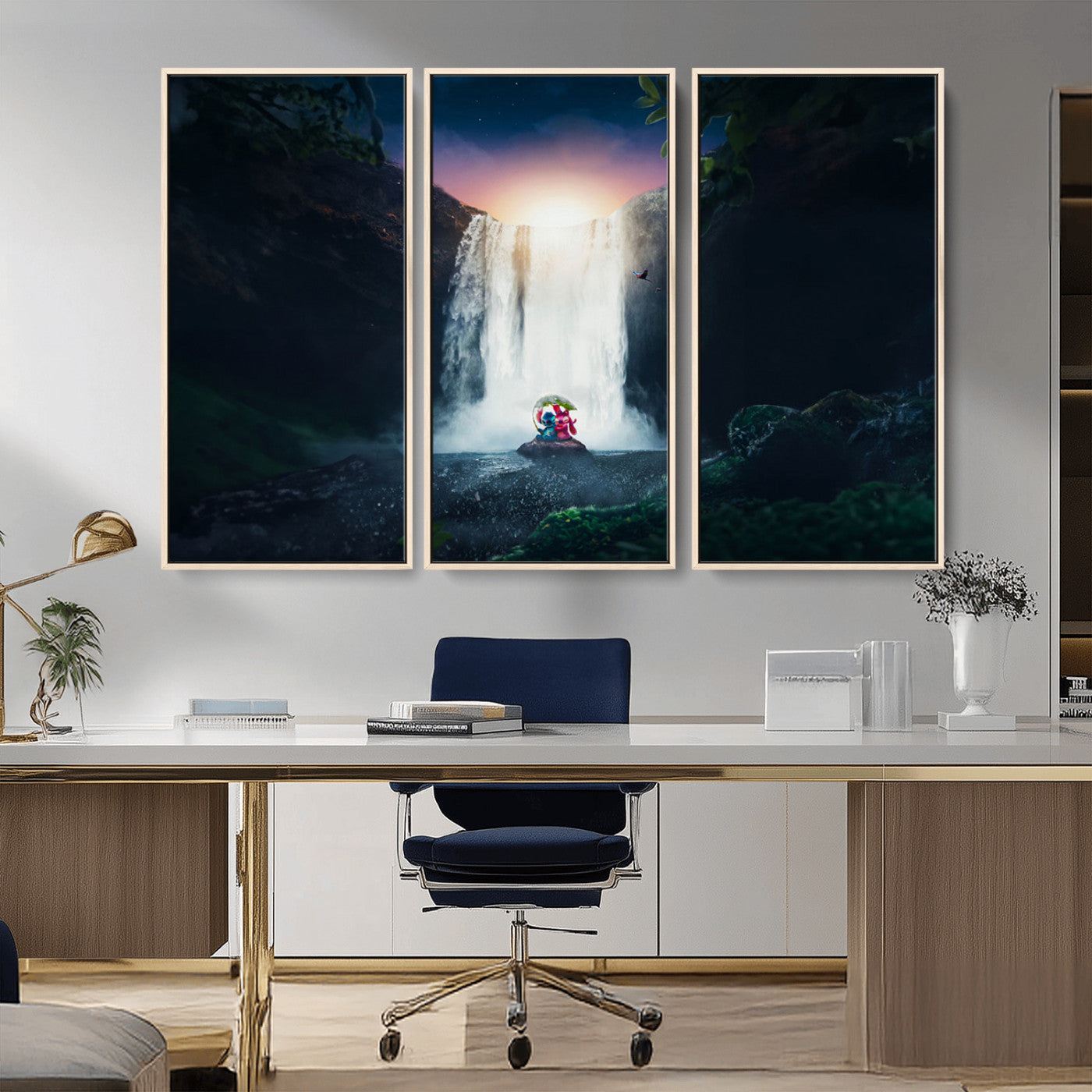 Romantic scene of Stitch and Angel sitting under a leaf in front of a glowing waterfall, ideal for tropical or fantasy-themed decor.