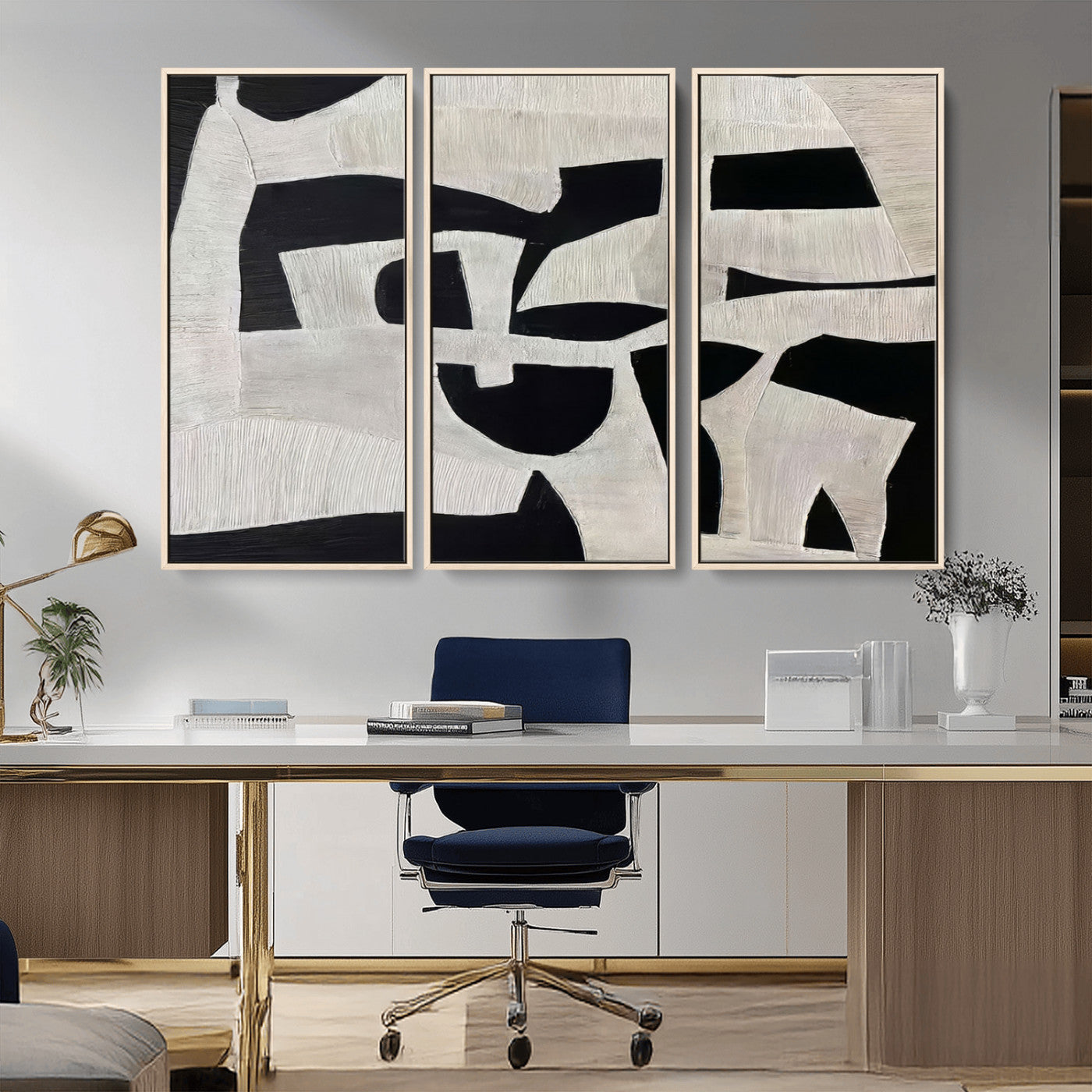 Minimalist black and white canvas featuring bold abstract textures and geometric shapes, ideal for modern neutral decor.