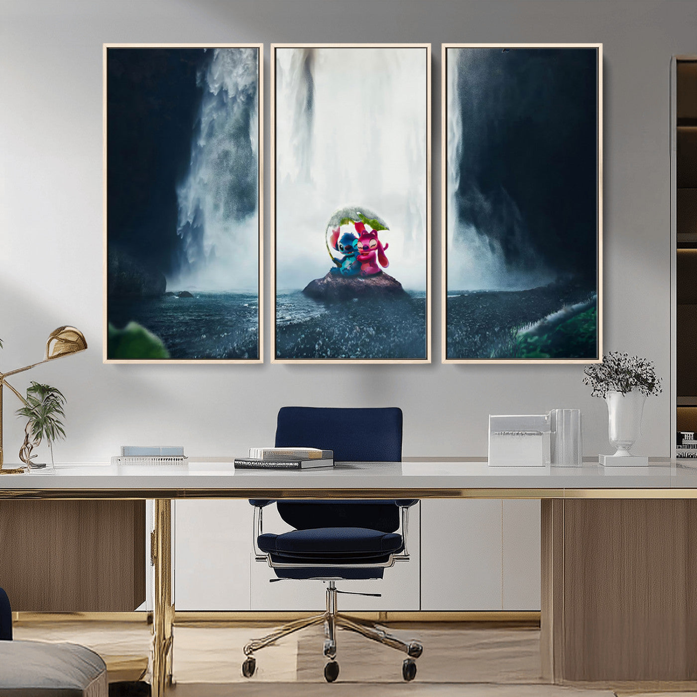 Fantasy canvas of Stitch and Angel under a leaf umbrella in front of a dramatic waterfall, perfect for moody jungle-themed or animated decor.