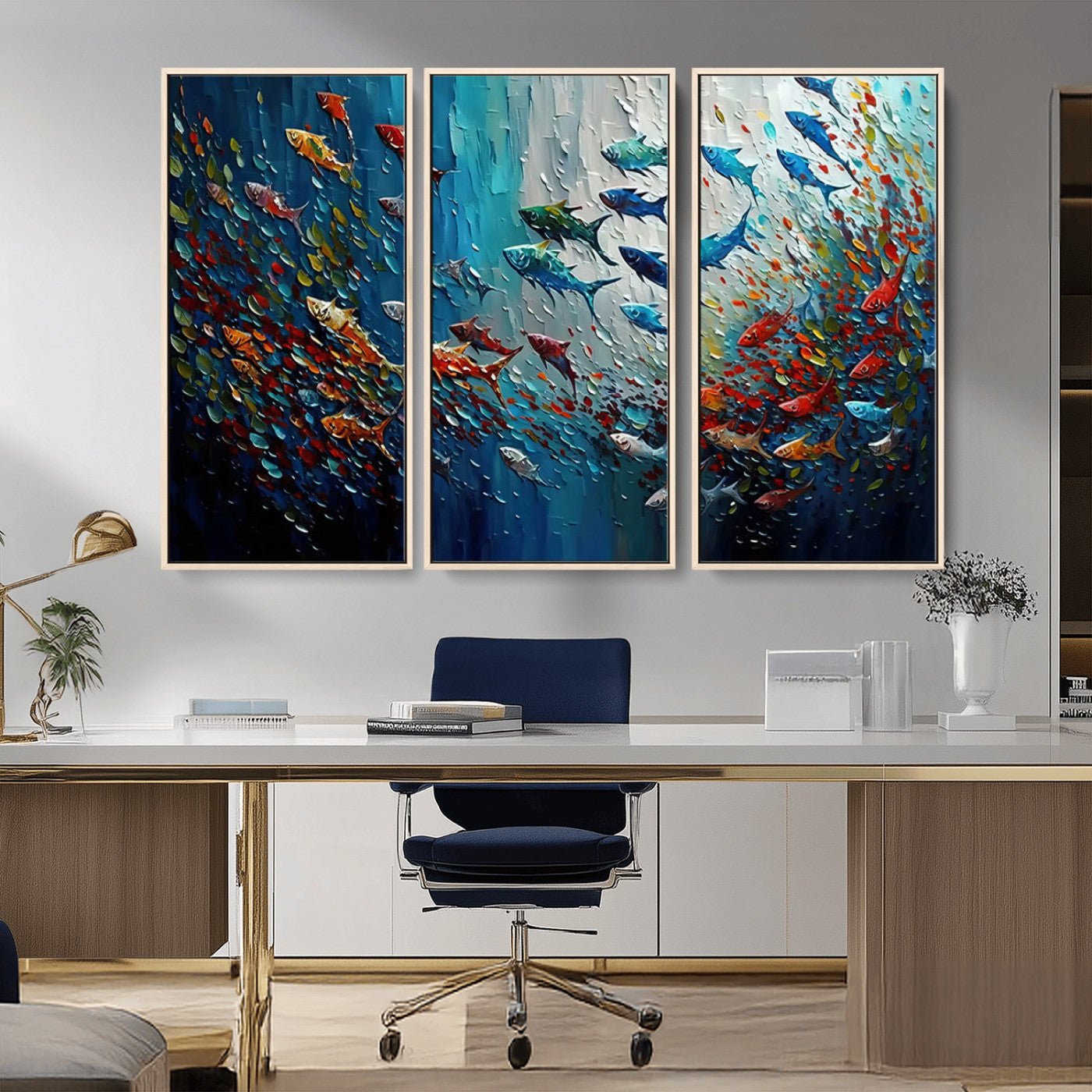 Colorful painting of fish swimming in abstract ocean swirls, perfect for vibrant marine-themed or expressive coastal home decor.