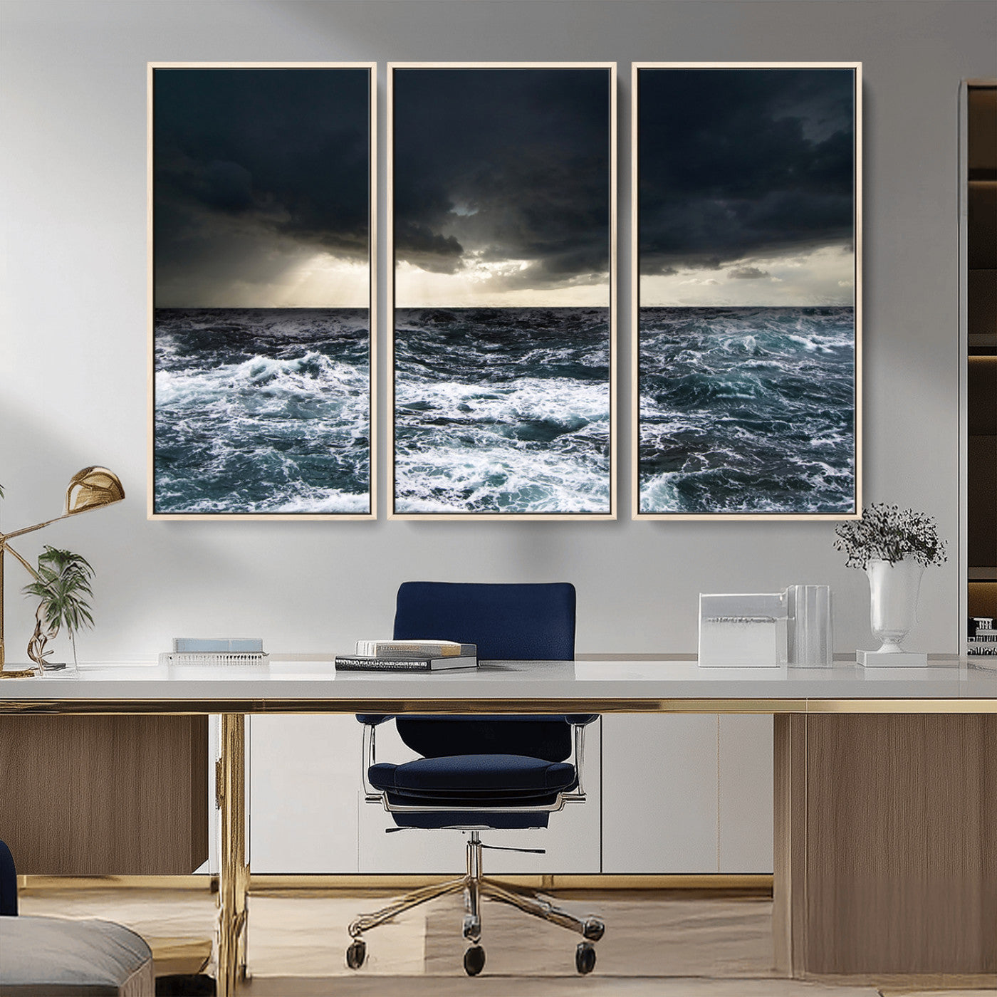 Moody ocean scene with stormy skies and crashing waves, perfect for dramatic or coastal-style home wall decor.