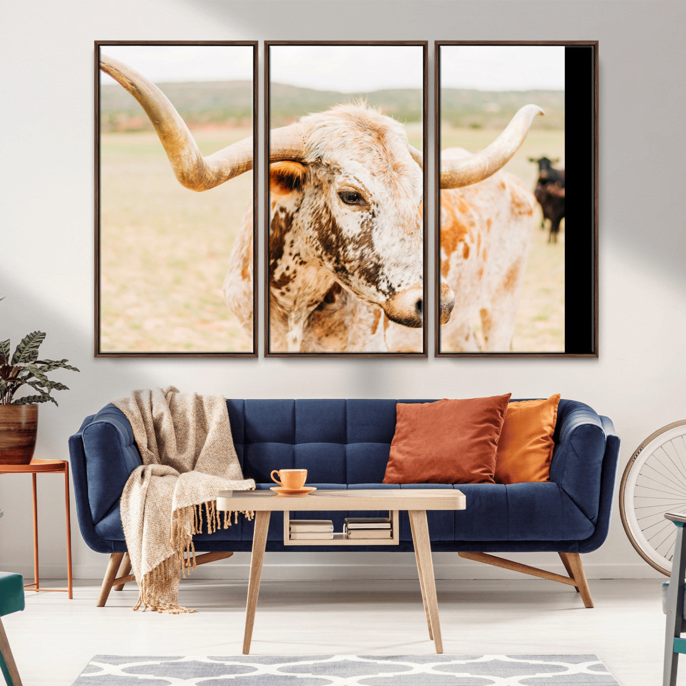 Close-up of a speckled Texas Longhorn in warm prairie tones, perfect for rustic western or countryside-themed room decor.