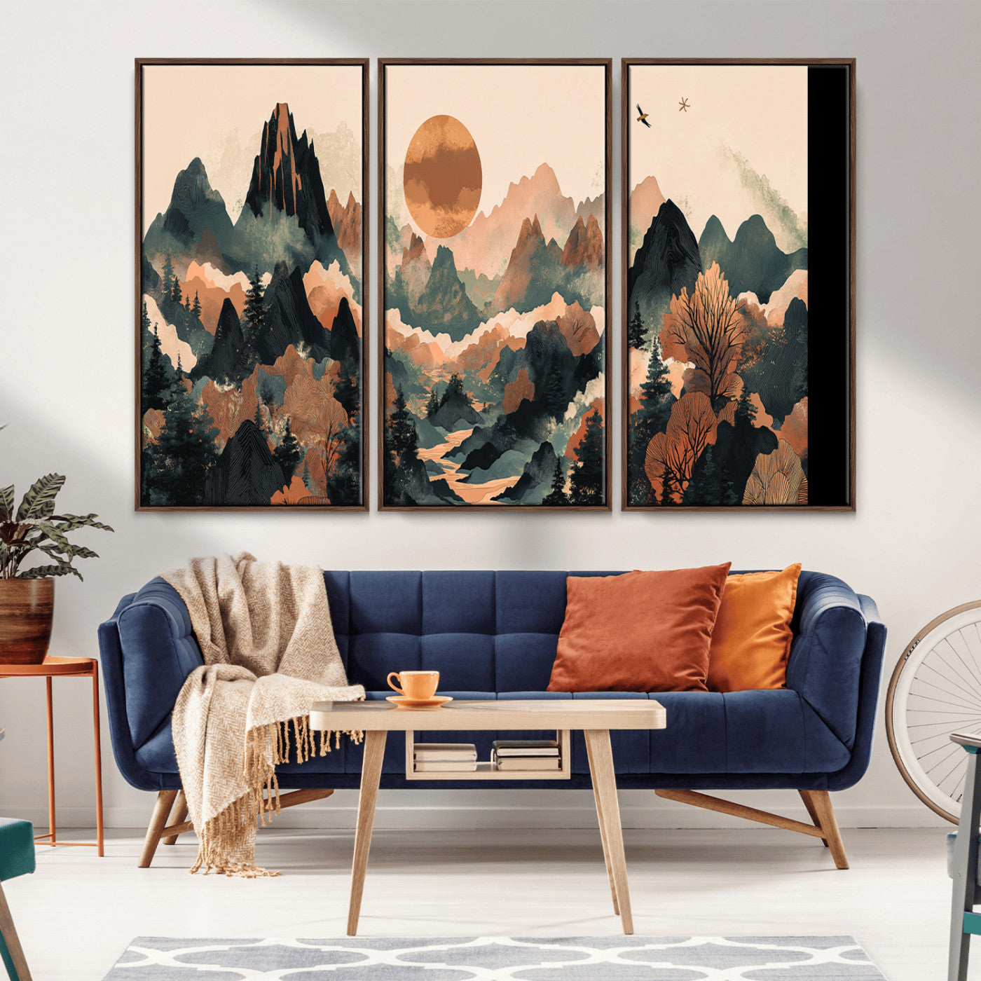 Mountain Landscape Wall Art Print - Sunset Hills Canvas Print, featuring an abstract nature scene with earthy tones and misty peaks, perfect for boho and modern decor.