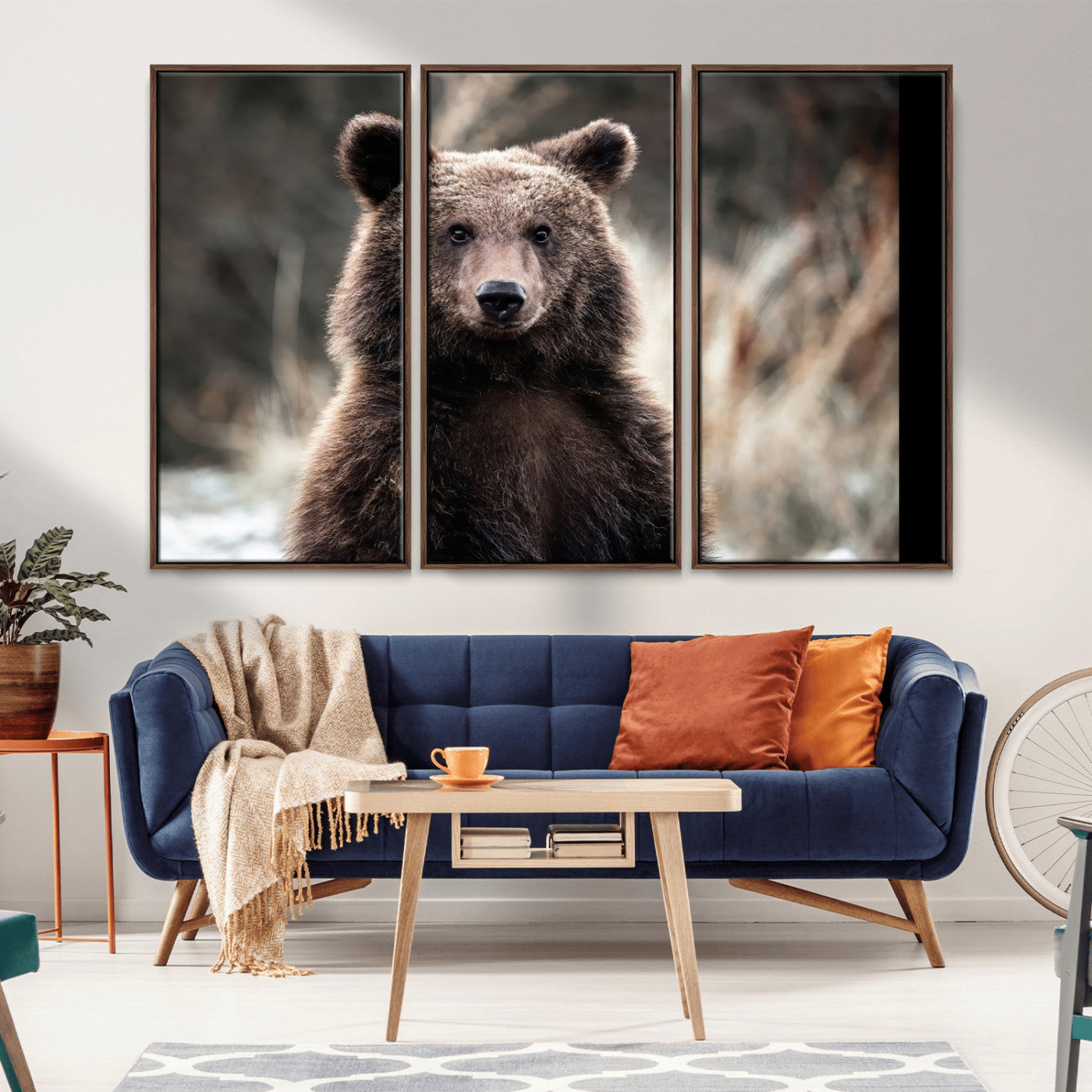 Canvas of a brown bear in soft earthy tones and moody forest light, ideal for rustic cabin or woodland nature-themed home decor.
