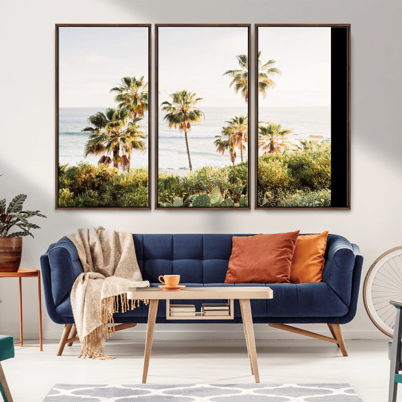Framed print of sunlit palm trees on the California coast with warm tones, perfect for coastal minimalist or beach-style home decor.