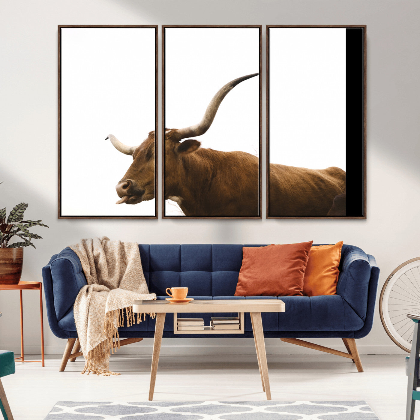 Minimal photo of a longhorn cow with white background, ideal for rustic, western or farmhouse-style interior decor.