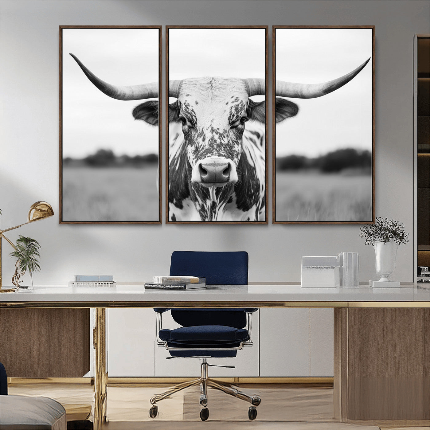 Capture the strength and elegance of nature with this striking black and white portrait of a longhorn cow. Its powerful presence makes a bold statement in any room.