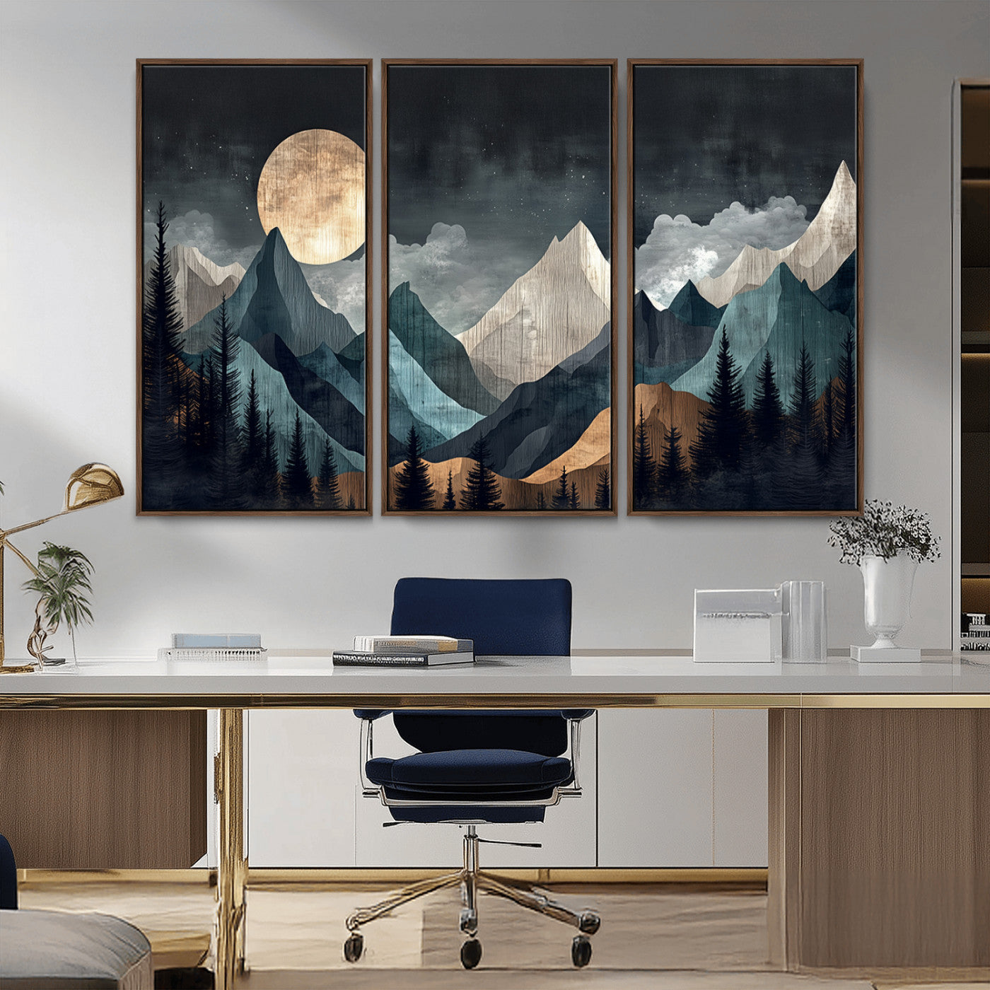 Stylized canvas of layered mountains under a full moon in neutral moody tones, ideal for nature-inspired or modern rustic interiors.