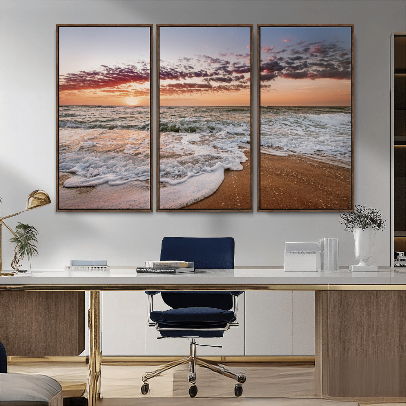 Canvas of a sunset over a foamy ocean shore with warm light and gentle waves, ideal for coastal or beach-themed home decor.