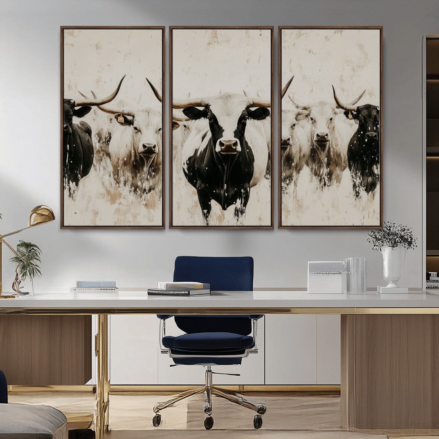 Illustrated herd of longhorn cattle in black and white tones with a neutral textured background, perfect for rustic or farmhouse-style decor.