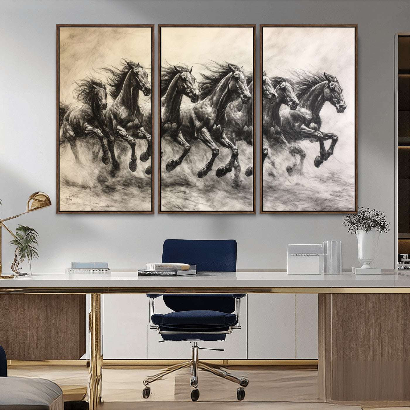 Monochrome drawing of a herd of galloping horses, perfect for dynamic and wild-themed decor in any equestrian or nature-inspired room.