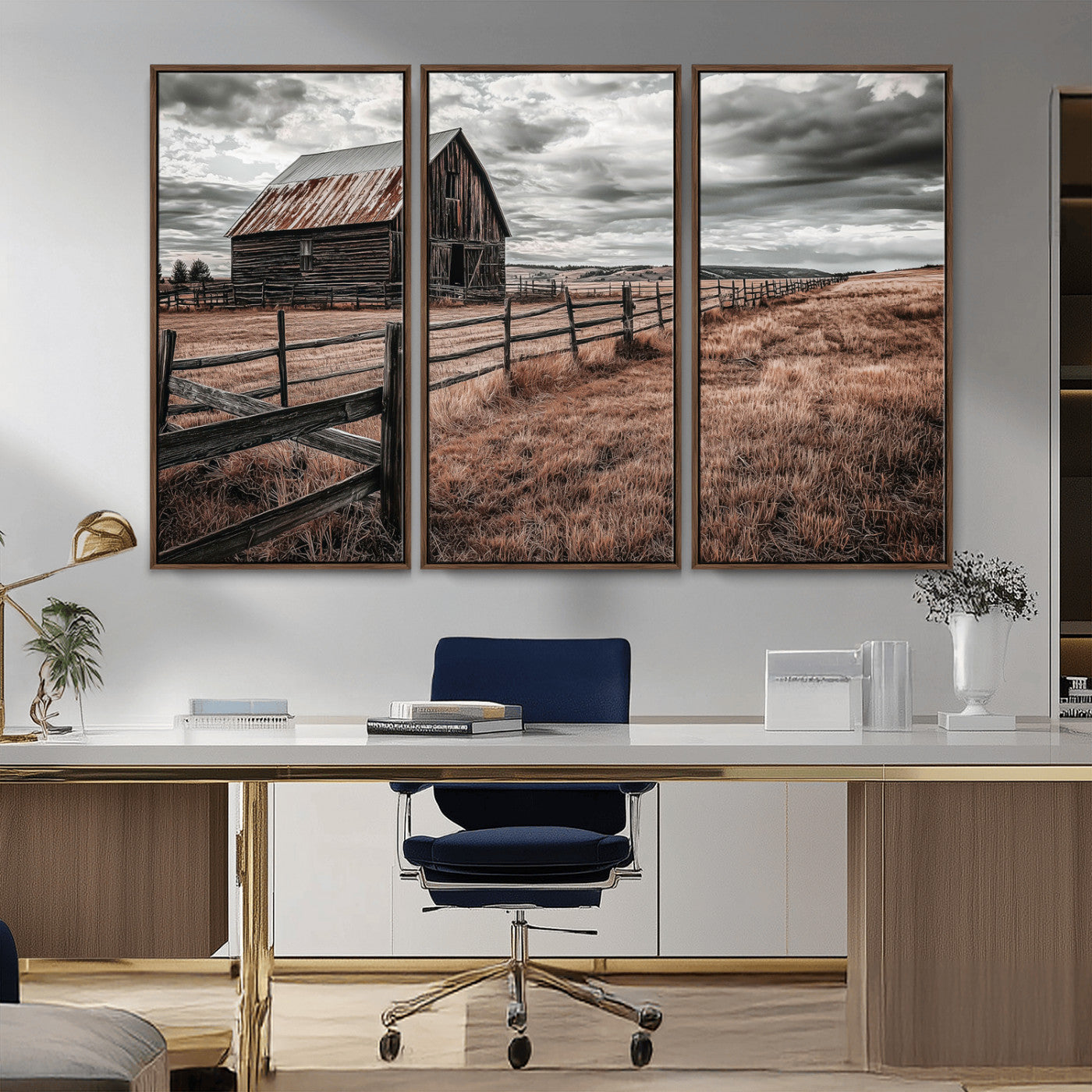 Framed canvas of a rustic barn under a moody sky with weathered fence and dark fields, ideal for farmhouse or rural-style wall decor.