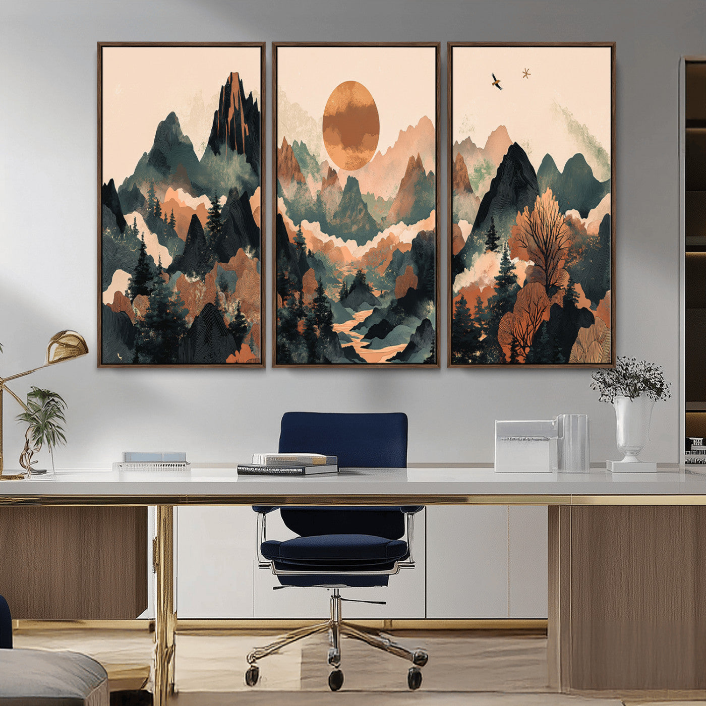 Mountain Landscape Wall Art Print - Sunset Hills Canvas Print, featuring an abstract nature scene with earthy tones and misty peaks, perfect for boho and modern decor.