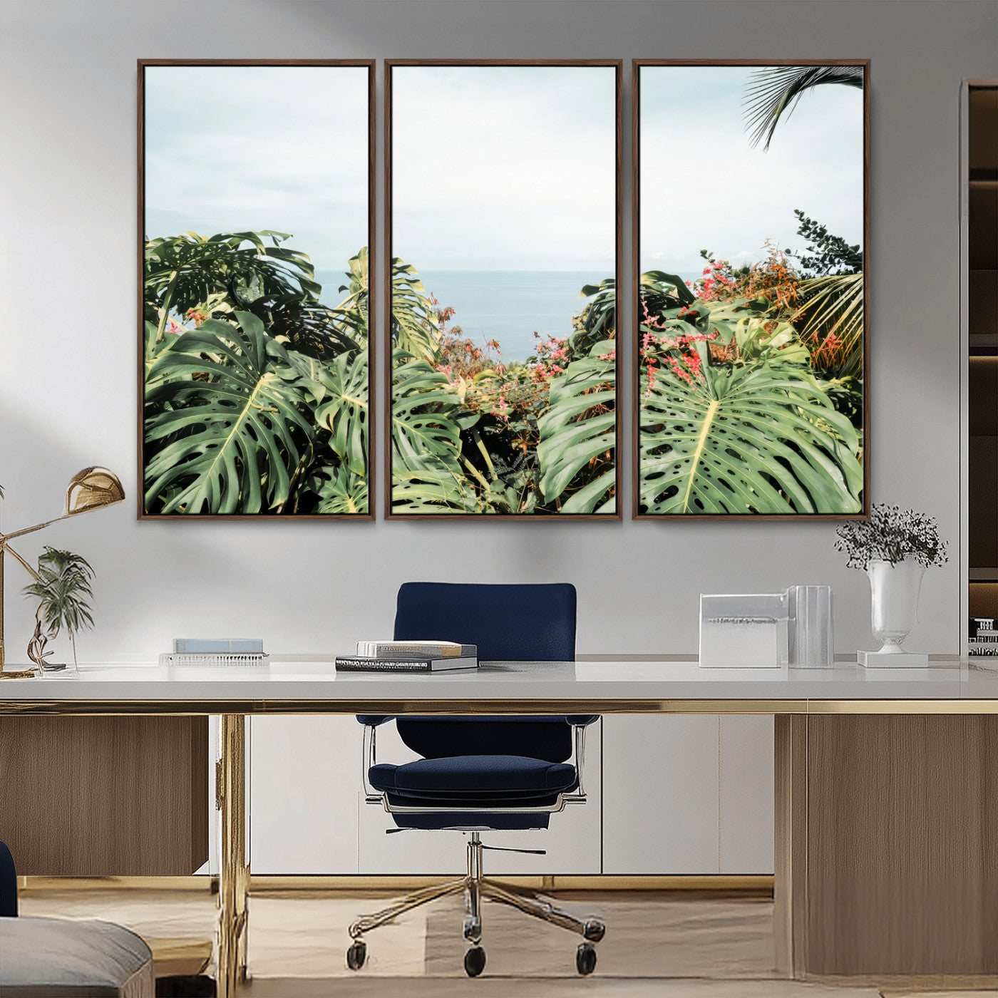 Monstera leaves and tropical flowers framing a calm ocean view, ideal for tropical coastal or exotic jungle-style interior wall decor.
