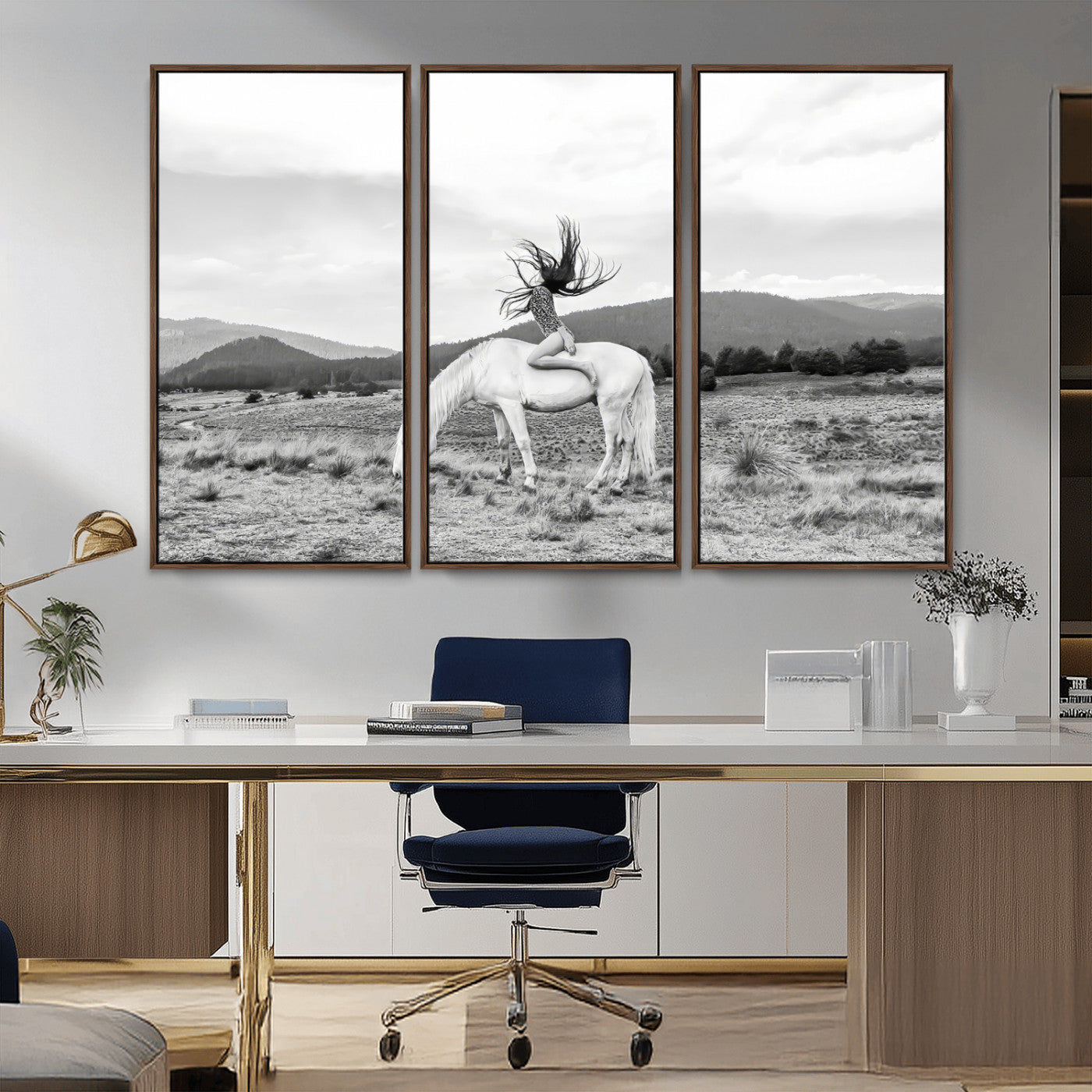 Black and white photo of a woman on a white horse in moody tones, ideal for Western Boho or modern rustic-style home decor.