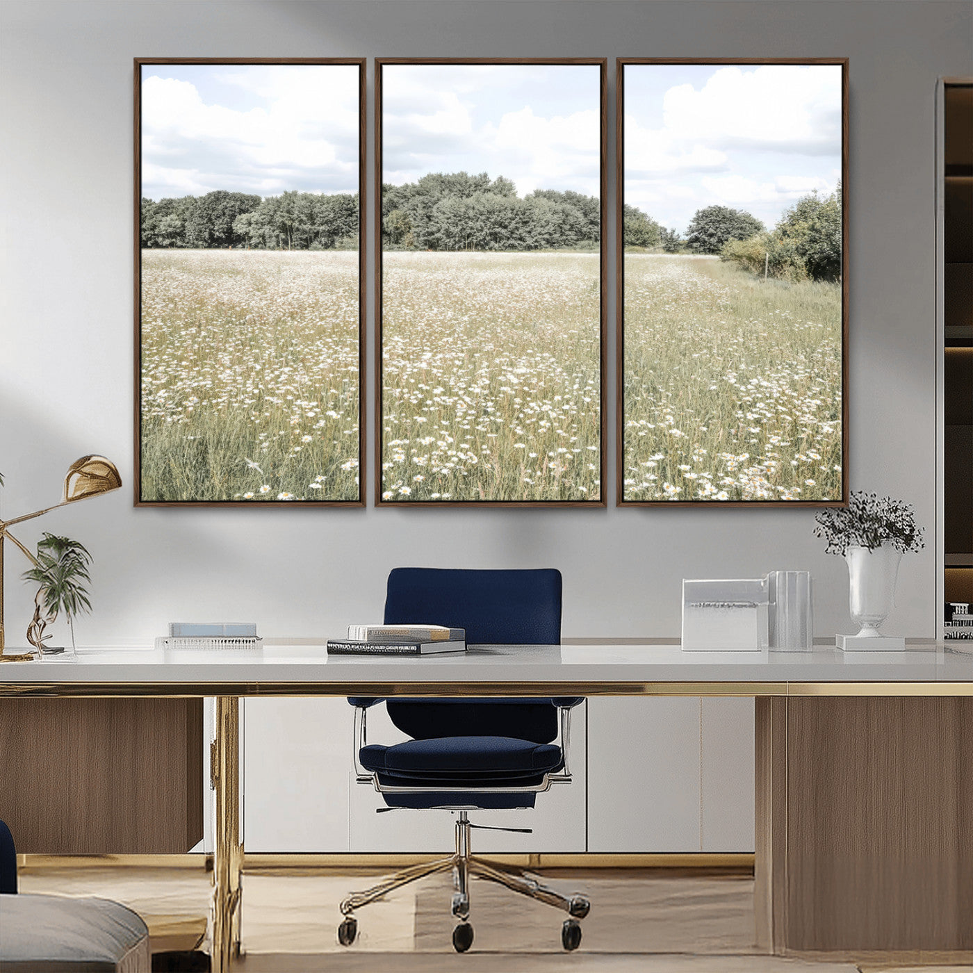 Soft-toned image of a wild daisy field under a cloudy sky, ideal for neutral or Scandinavian-inspired home decor.