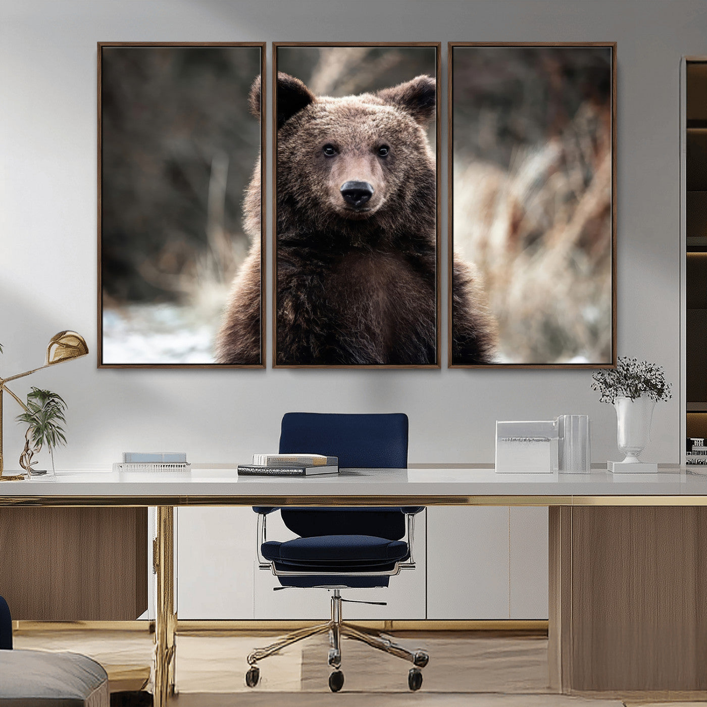 Canvas of a brown bear in soft earthy tones and moody forest light, ideal for rustic cabin or woodland nature-themed home decor.