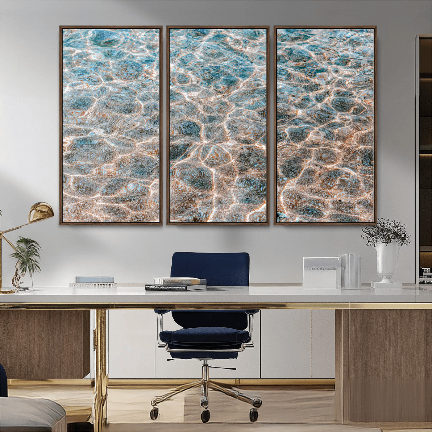 Close-up of sunlit ocean ripples with aqua blue and golden tones, ideal for modern coastal or minimalist home decor.