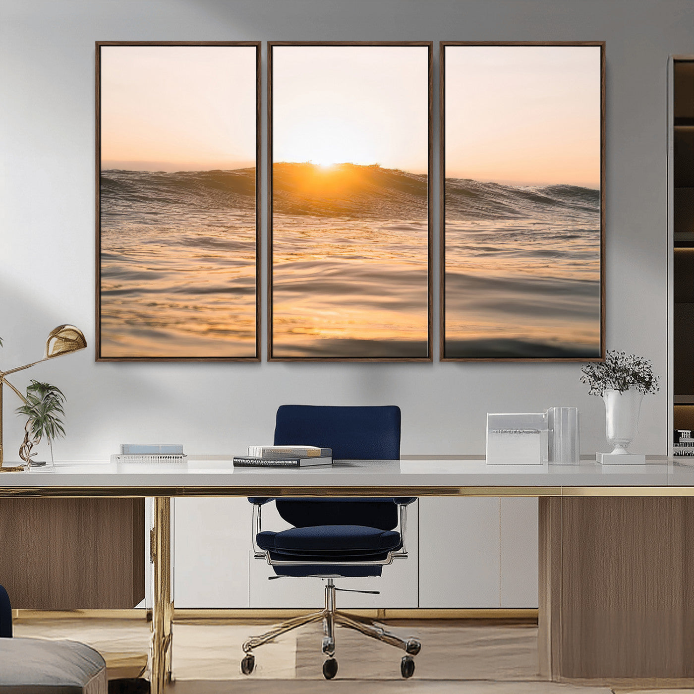 Ocean waves glowing under a warm golden sunset, reflecting soft light and calm movement, perfect for warm minimalist coastal interiors.