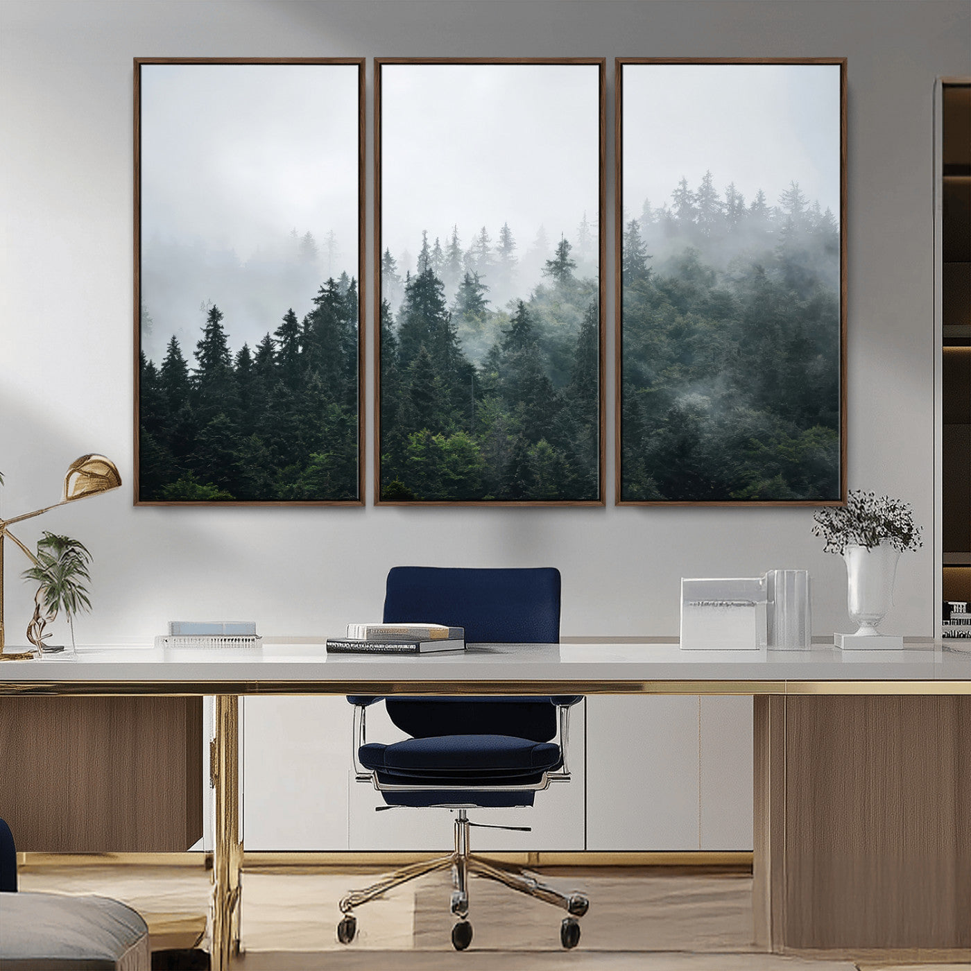 A misty evergreen forest shrouded in soft fog, creating a tranquil and moody landscape with lush green trees fading into the distance.