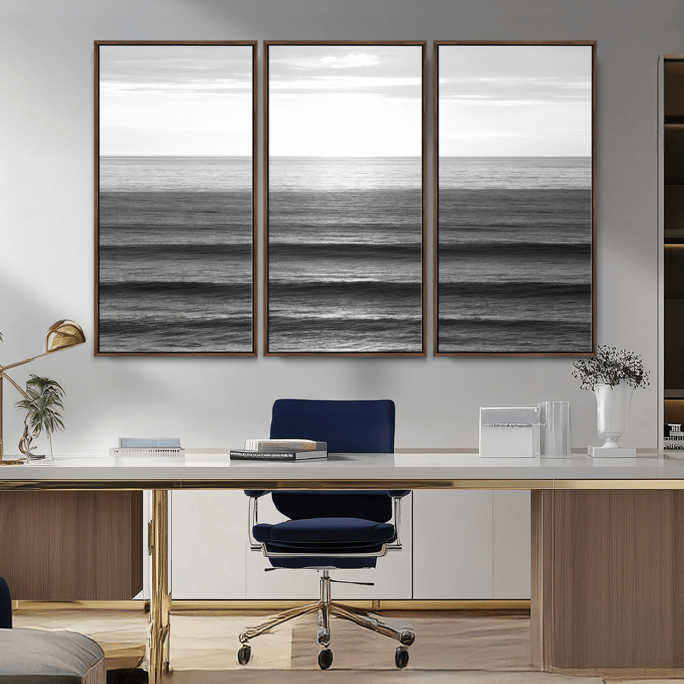 Minimalist black and white ocean view with layered waves reflecting sunlight, evoking a sense of calm and coastal serenity.