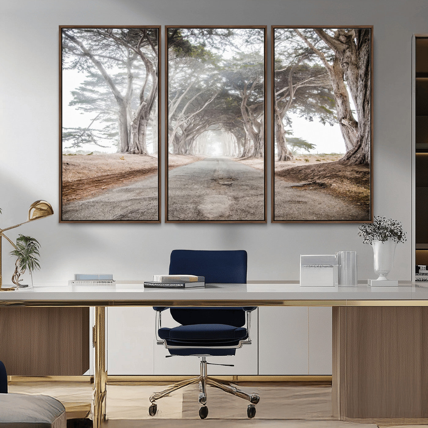 Canvas of a misty tree tunnel with arching cypress trees and an earthy road, ideal for rustic or coastal nature decor.