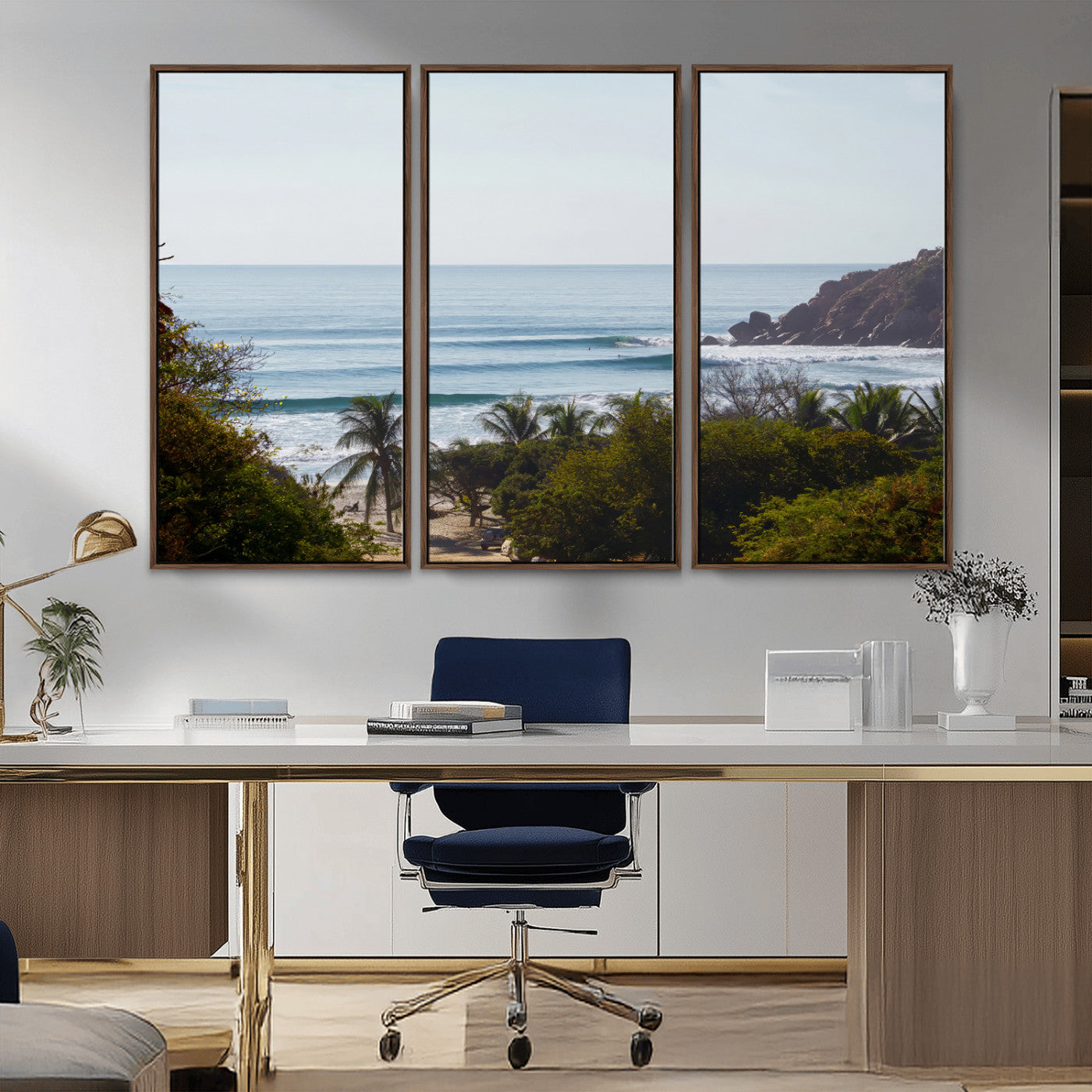 View of calm ocean waves with palm trees and a tropical coastline, ideal for coastal boho or beach-themed wall decor.