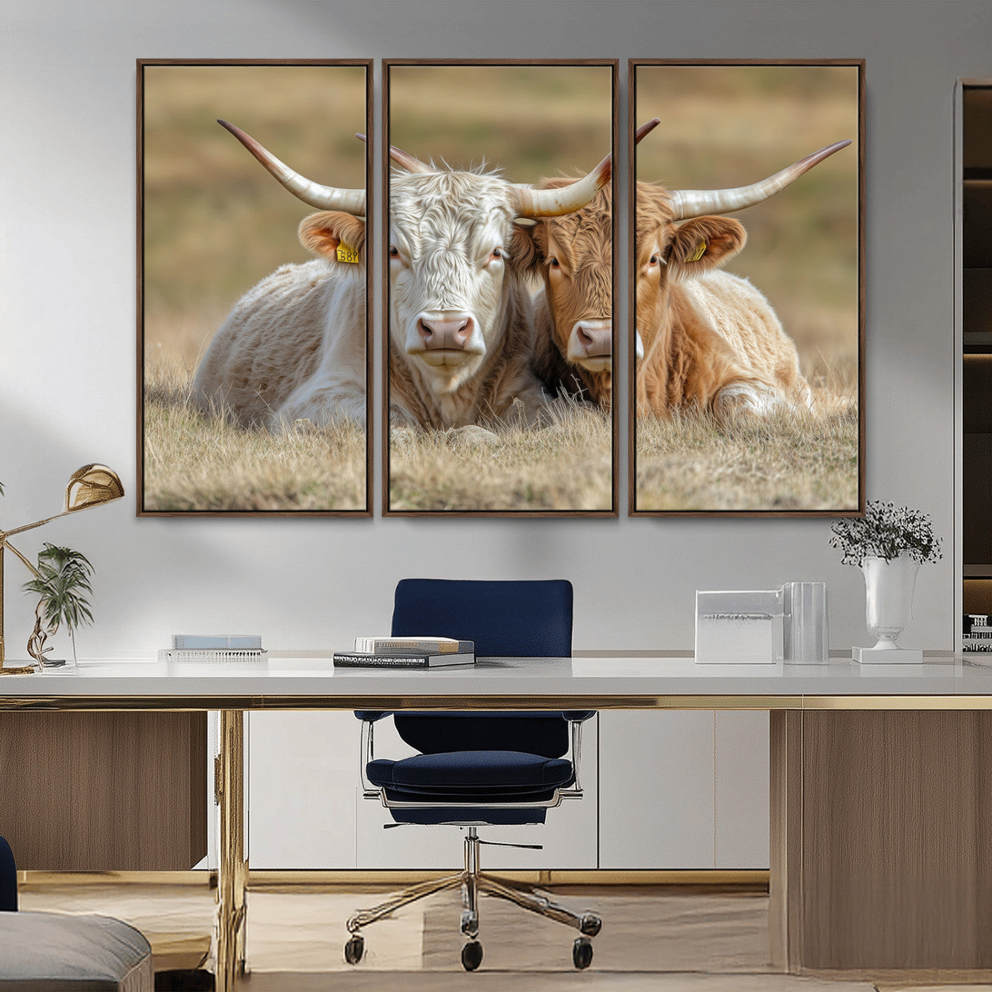 Two cows laying closely in a dry grassy field, captured in soft light, perfect for rustic farmhouse or western style home decor.
