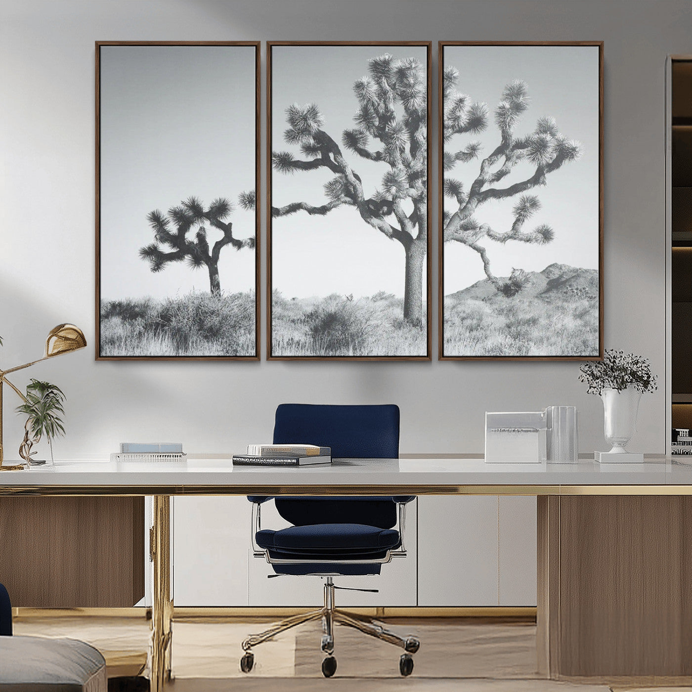 Black and white Joshua tree in a desert landscape with soft light and dry brush, perfect for rustic or minimalist home decor.