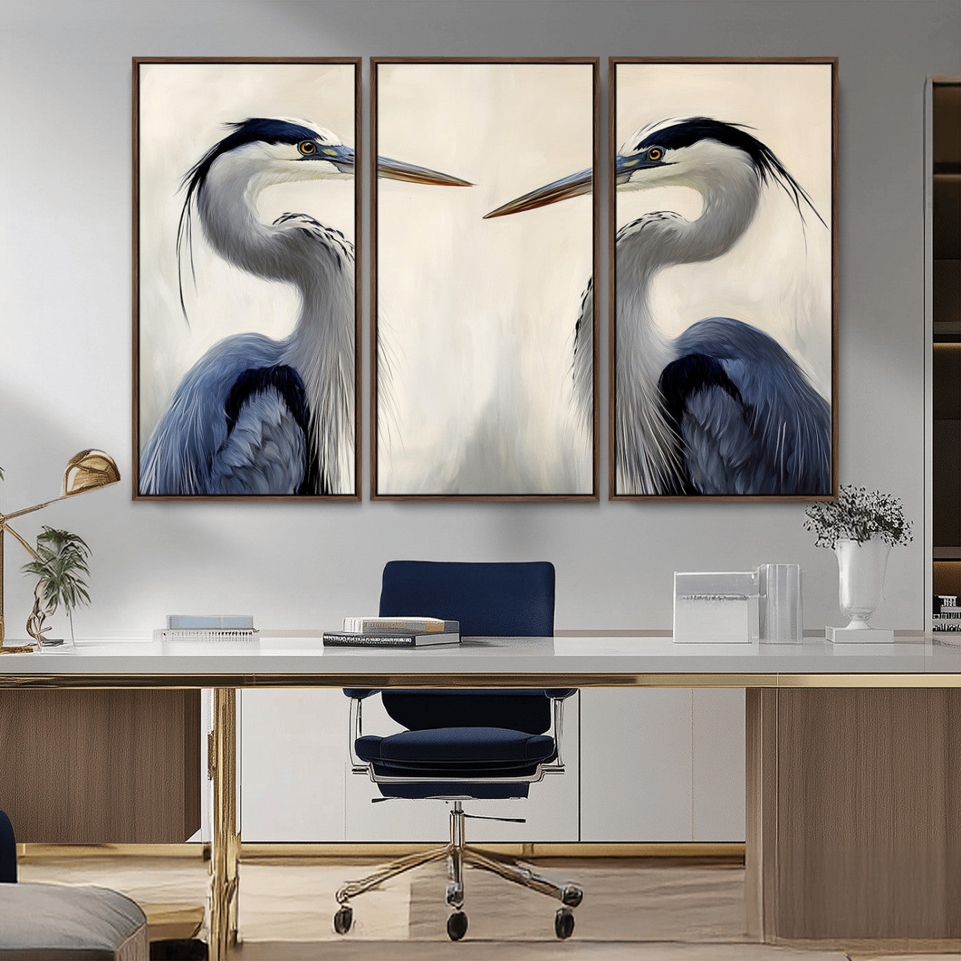 Two blue herons facing each other on a soft neutral background, ideal for coastal, tranquil, or nature-inspired minimalist interiors.