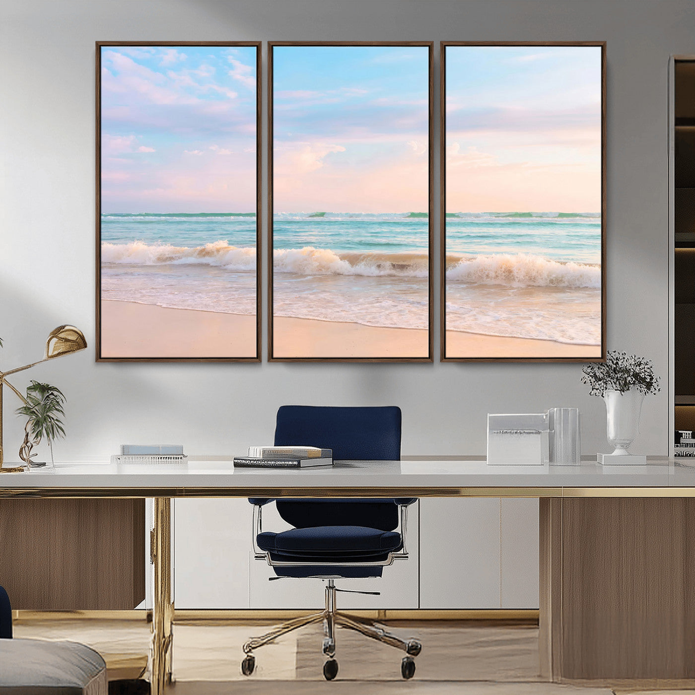 A peaceful beach scene with soft pastel skies, gentle waves washing up on the sandy shore, creating a calm and serene ocean view.