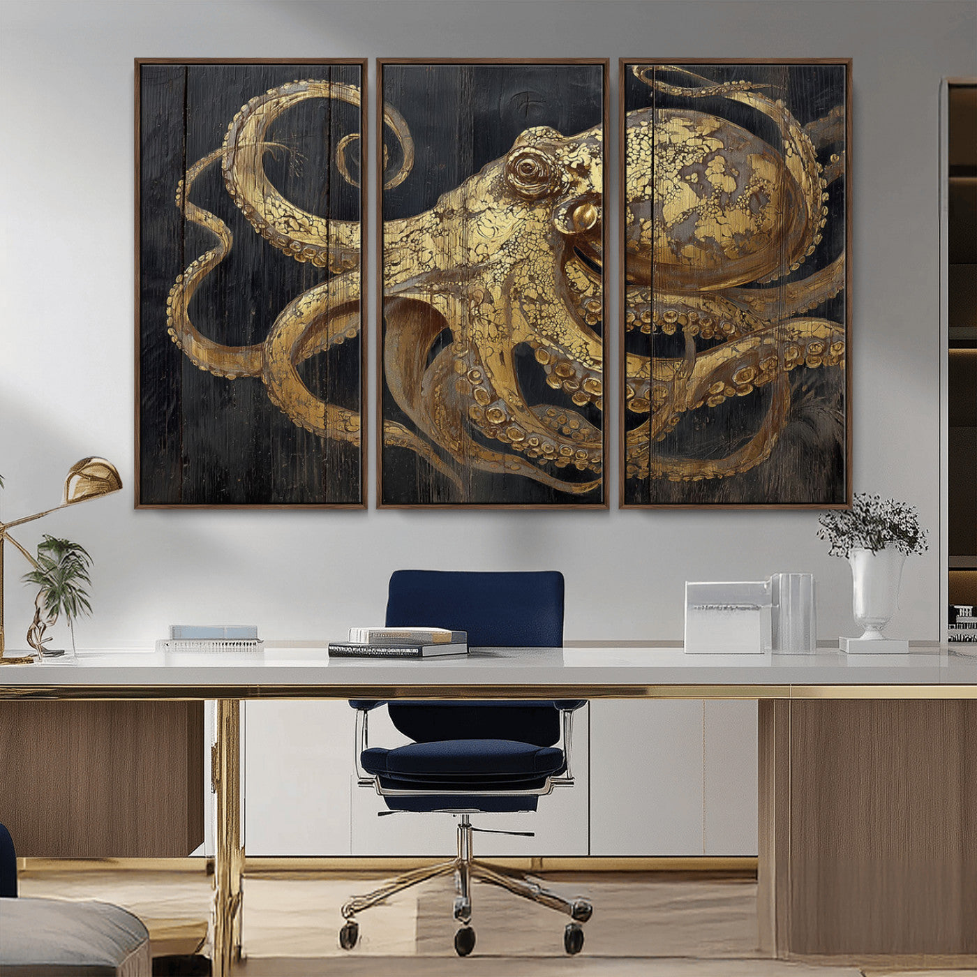 A detailed gold illustration of an octopus on black wooden planks, showing its intricate tentacles and textured skin in an artistic style.