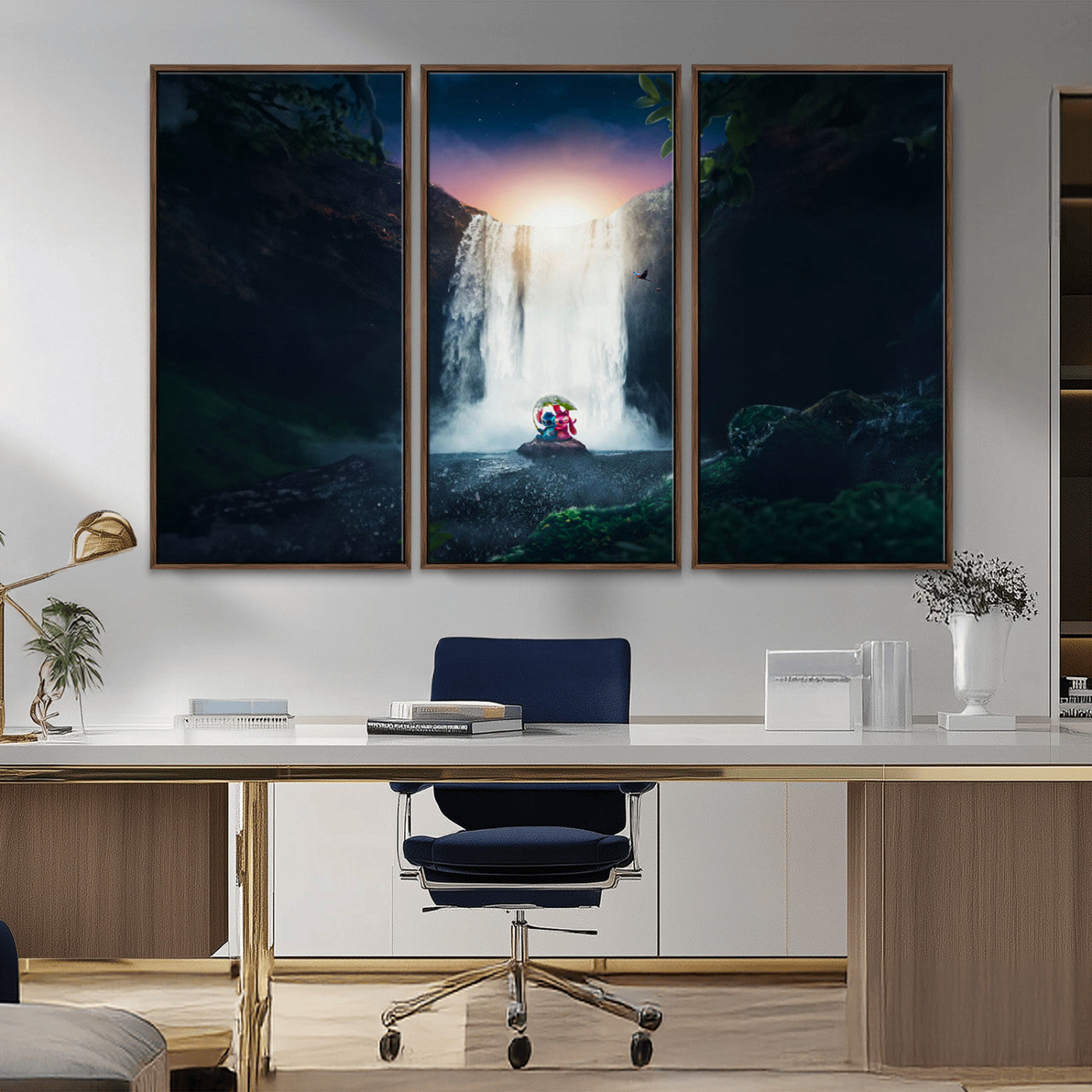 Romantic scene of Stitch and Angel sitting under a leaf in front of a glowing waterfall, ideal for tropical or fantasy-themed decor.