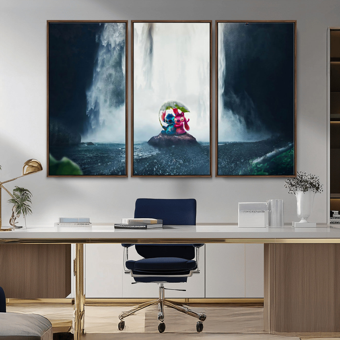 Fantasy canvas of Stitch and Angel under a leaf umbrella in front of a dramatic waterfall, perfect for moody jungle-themed or animated decor.