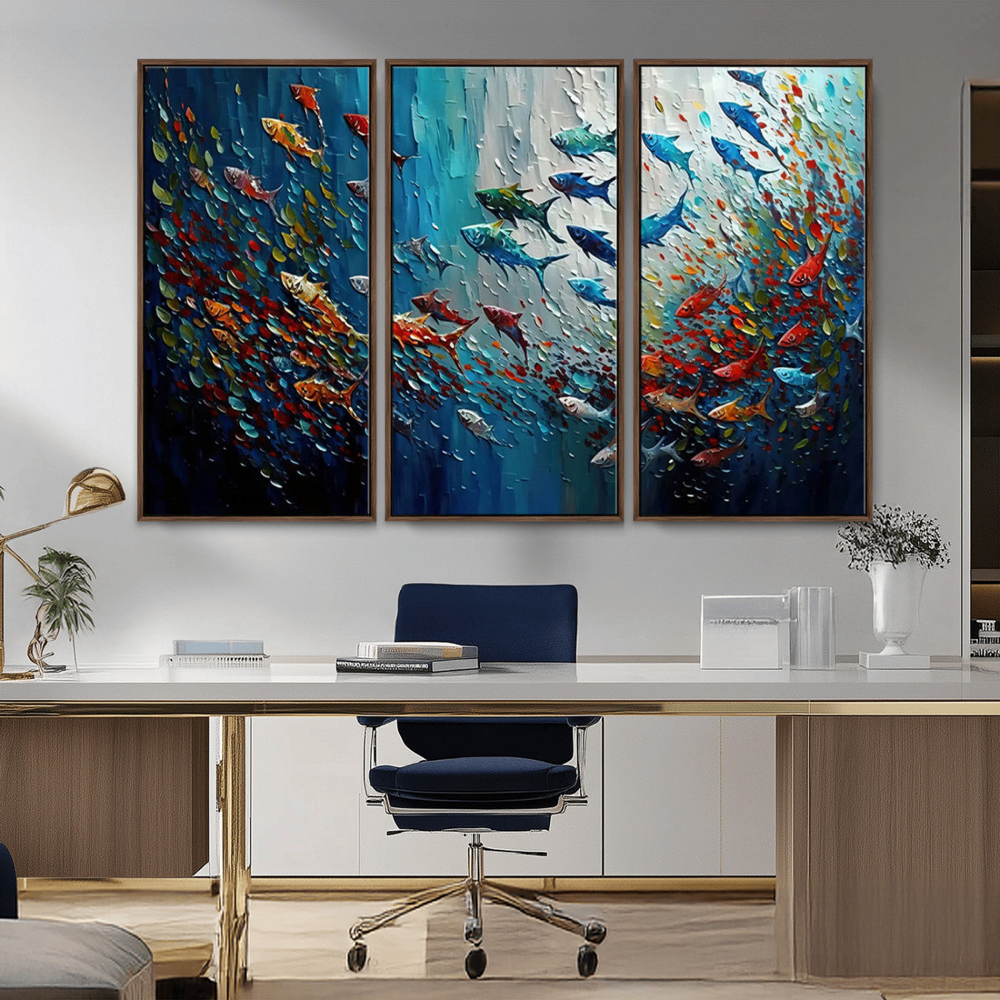Colorful painting of fish swimming in abstract ocean swirls, perfect for vibrant marine-themed or expressive coastal home decor.